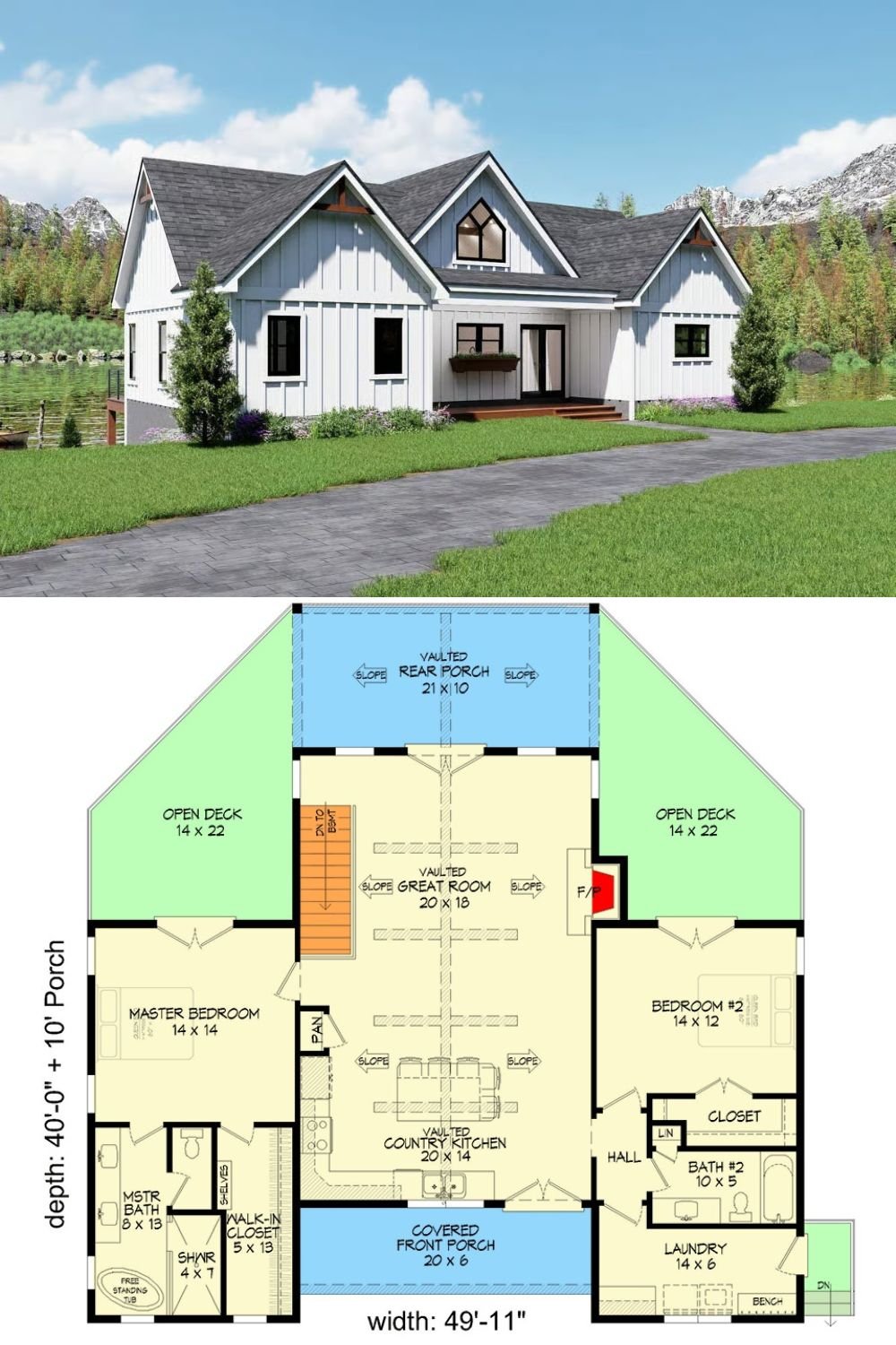 Modern Farmhouse-Style 2-Bedroom Home with Front Porch and Basement Expansion (Floor Plan)