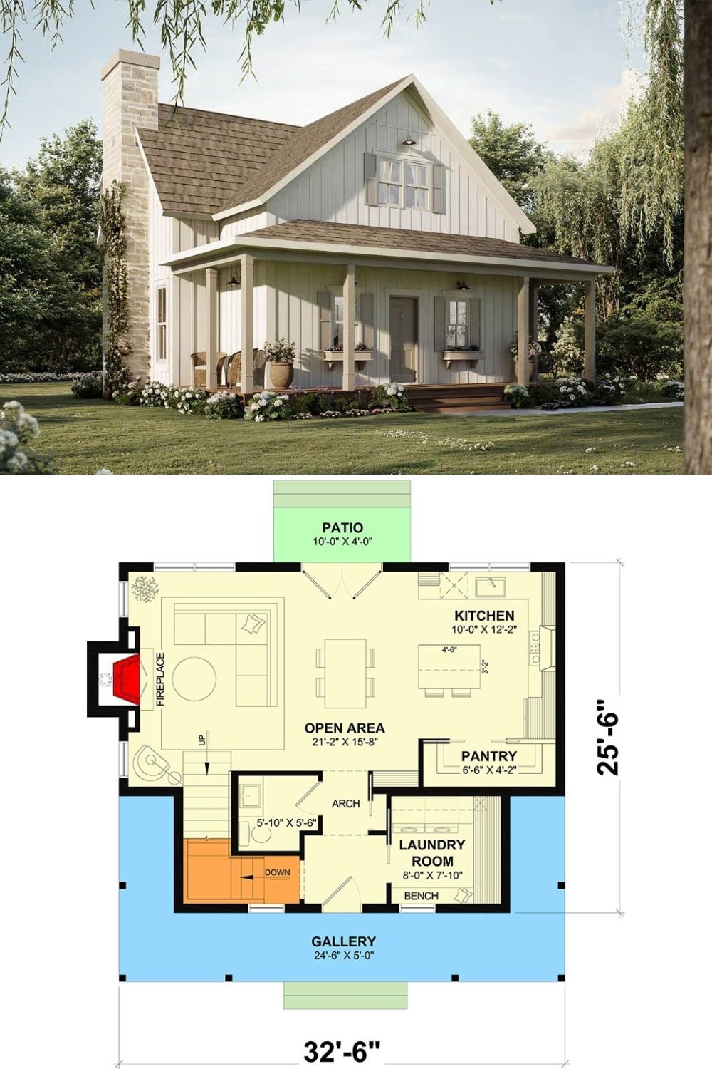 2-Bedroom Modern Farmhouse with Open Living Space and Covered Front Porch (Floor Plan)