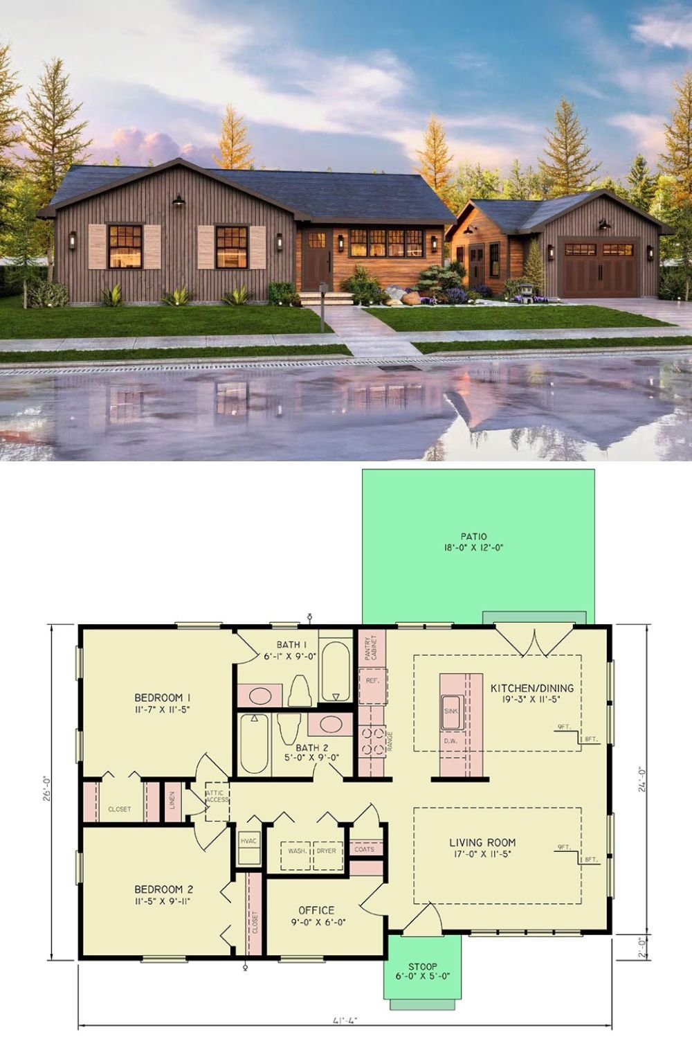 Modern Rustic Mountain Barn House with Open Living Space and 2 Bedrooms (Floor Plan)