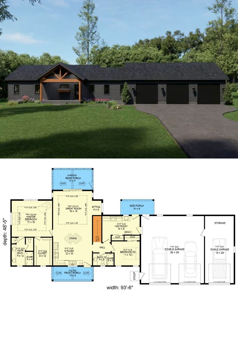 Mountain 2-Bedroom Craftsman Home with 3-Car Garage and Optional Basement (Floor Plan)