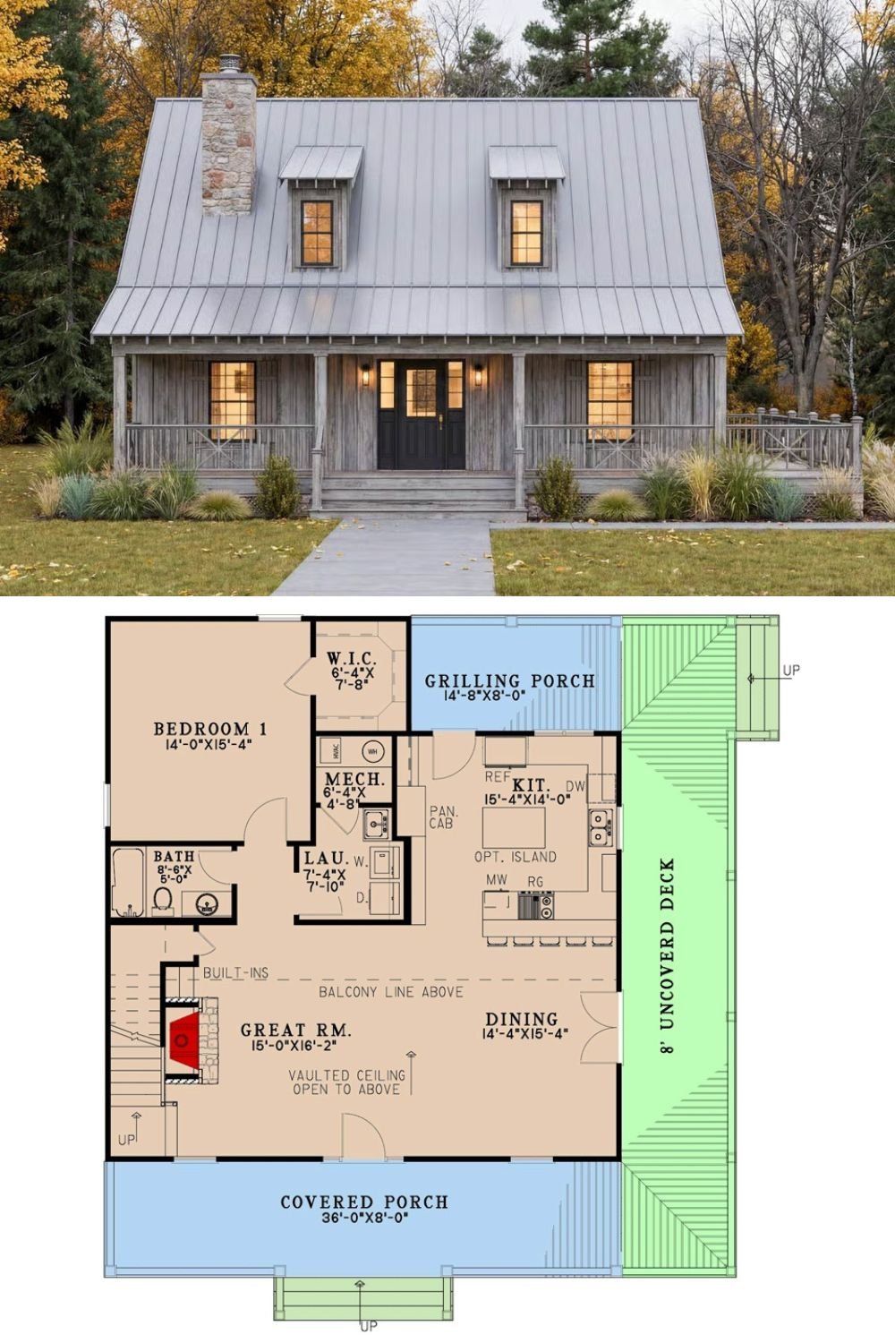 Rustic 2-Bedroom Cottage with Wraparound Porch and Sleeping Loft (Floor Plan)