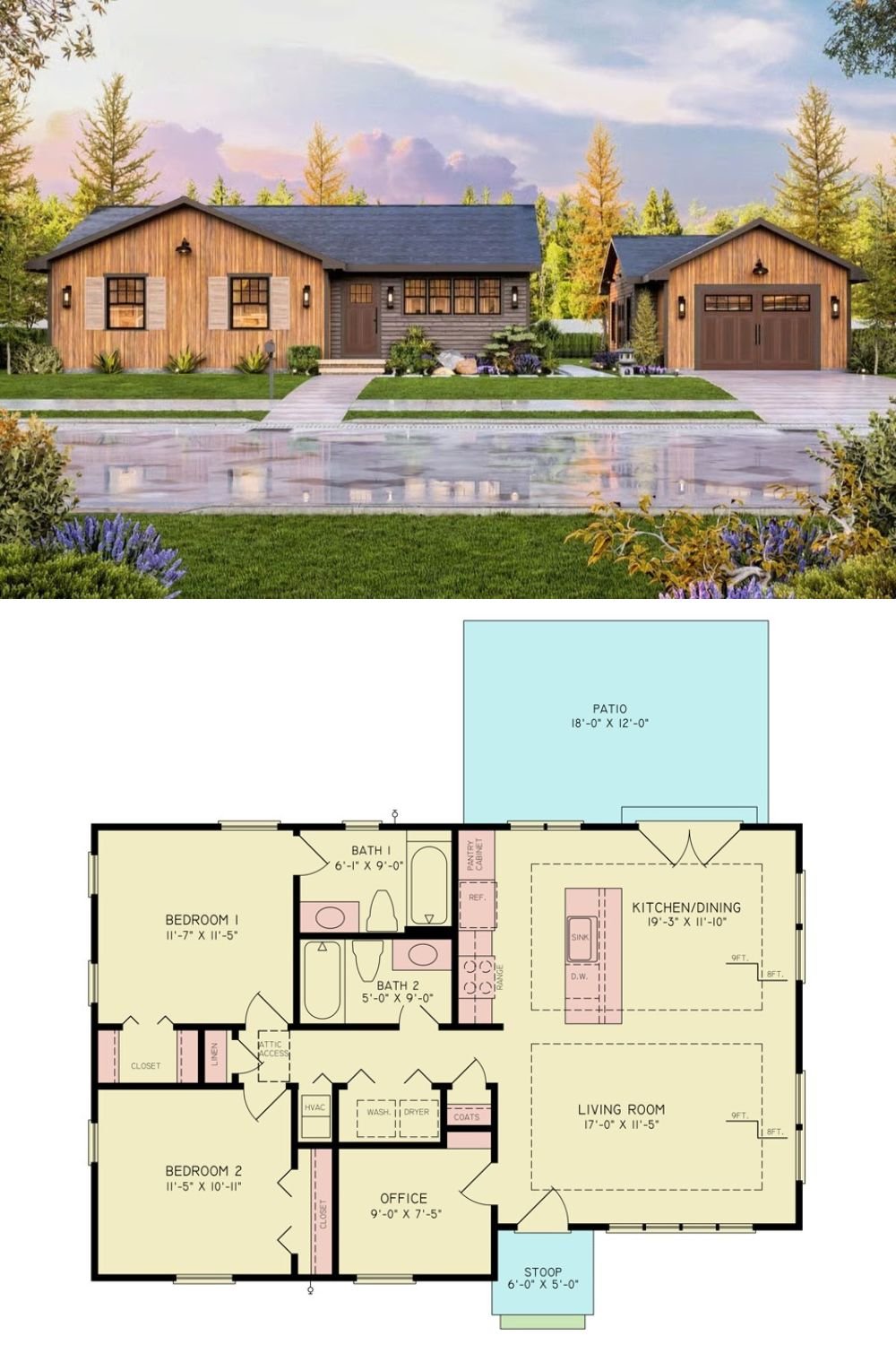 Rustic 2-Bedroom Mountain Cabin with Detached Garage and Open-Concept Living (Floor Plan)