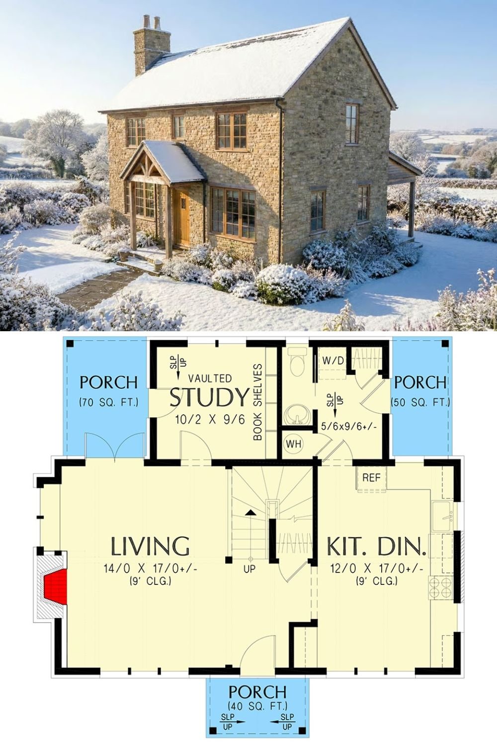 Stone Cottage with Covered Porches and 2 Bedrooms (Floor Plan)