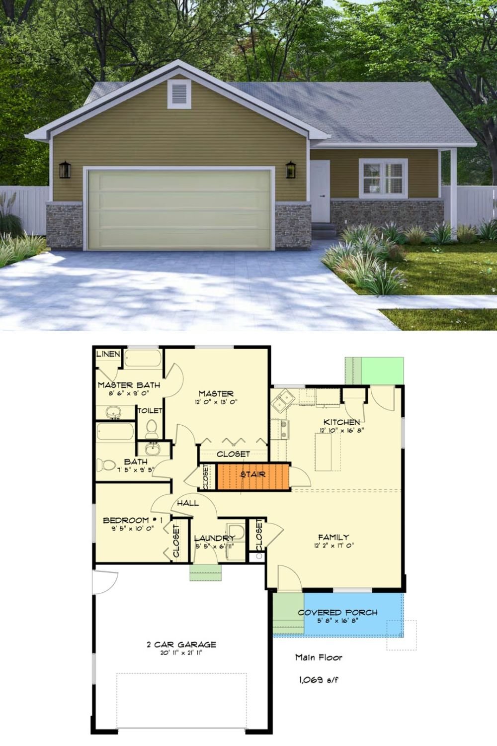 Traditional 2-Bedroom Cottage with Front Porch and Basement Expansion (Floor Plan)
