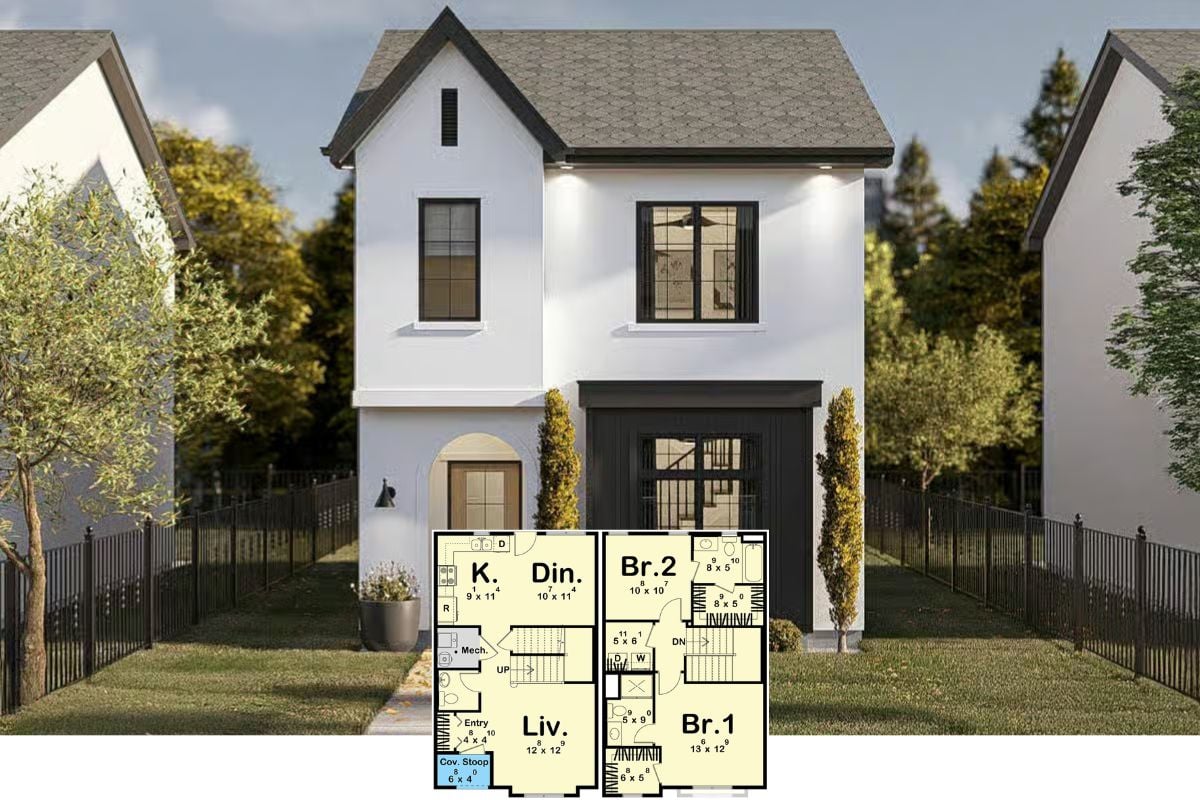 Traditional-Style Home for a Narrow Lot with 2 Bedrooms (Floor Plan)