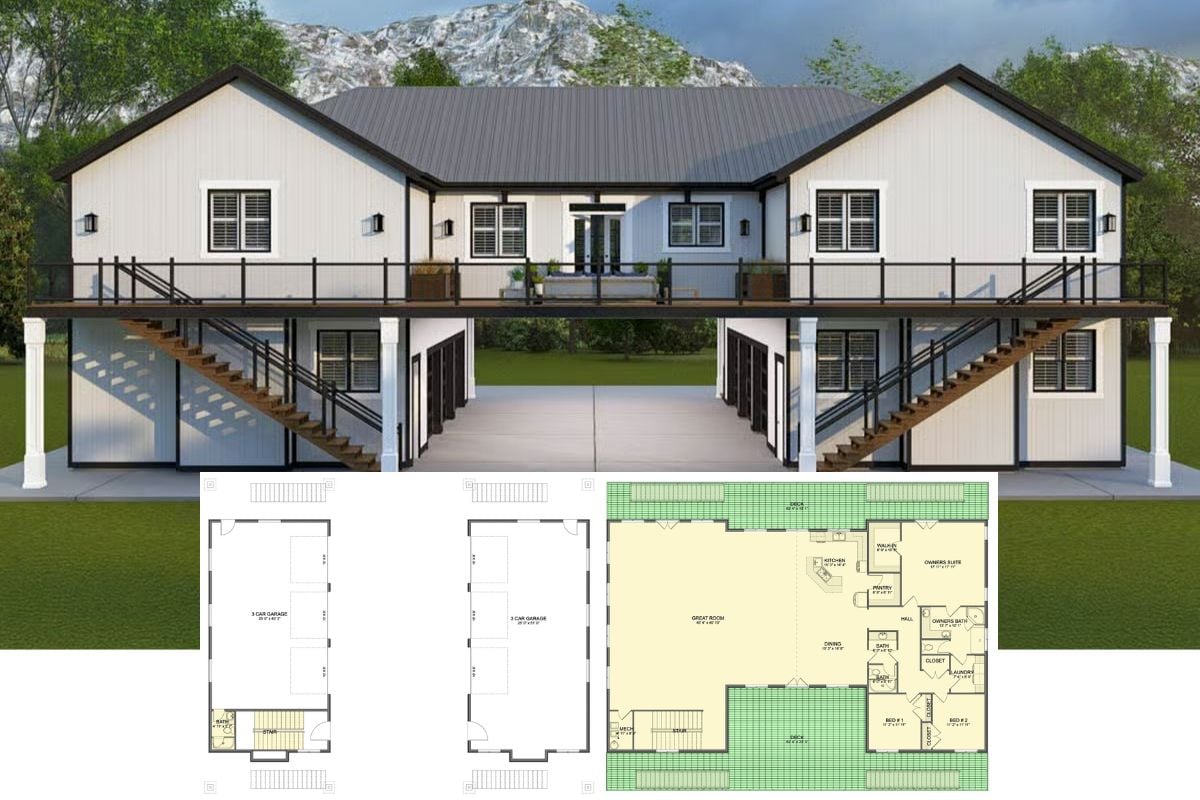 3-Bedroom Barndominium with 6-Car Garage and Open-Concept Living (Floor Plan)