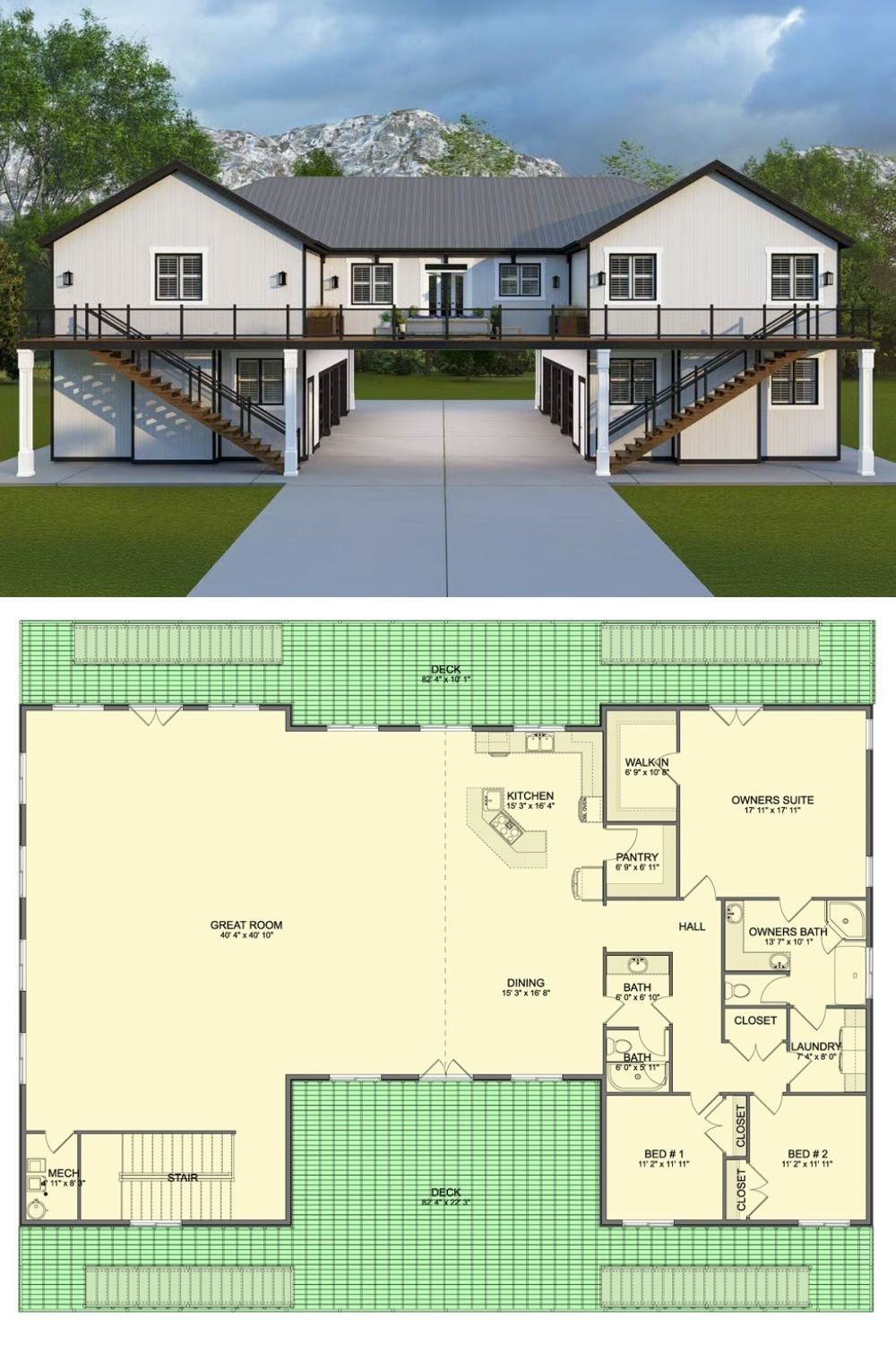 3-Bedroom Barndominium with 6-Car Garage and Open-Concept Living (Floor Plan)