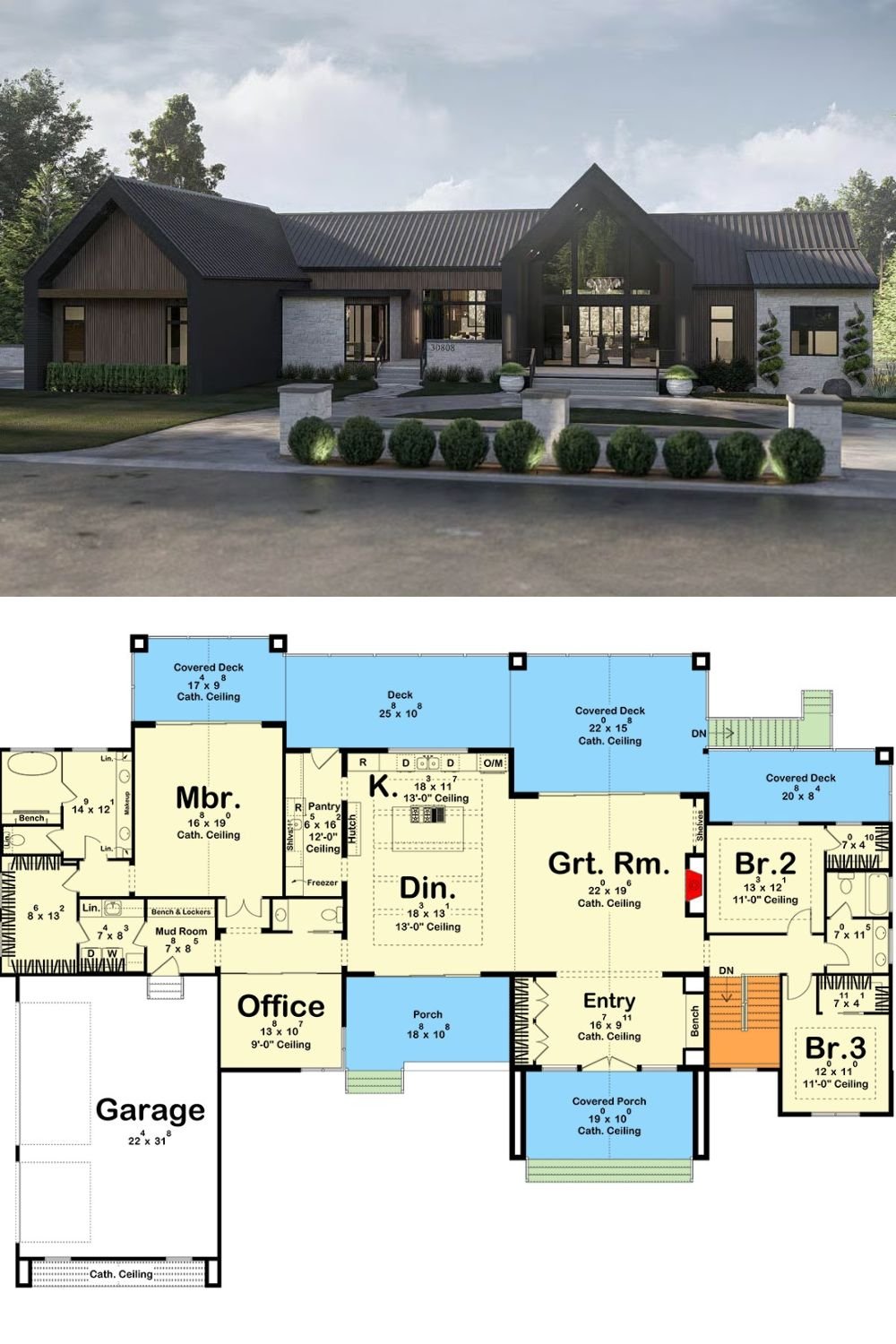 Contemporary 3-Bedroom Scandinavian Lake House with Walkout Basement and Wet Bar (Floor Plan)