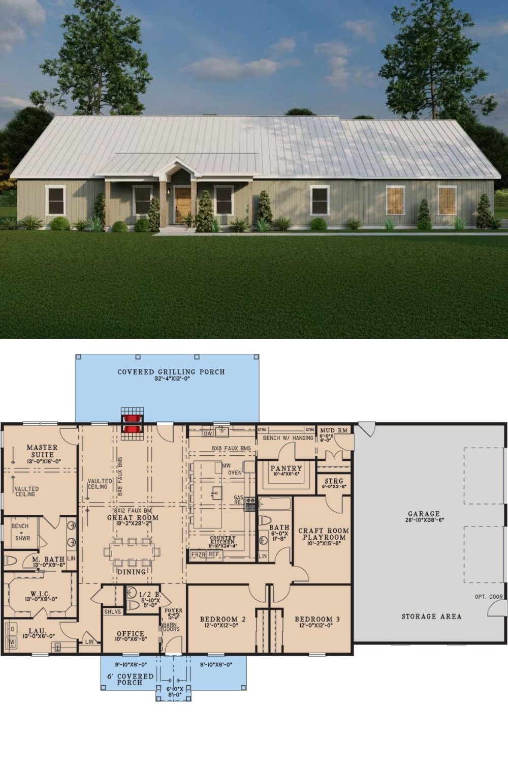3-Bedroom Country Barndominium with Covered Front Entry and Grilling Porch (Floor Plan)