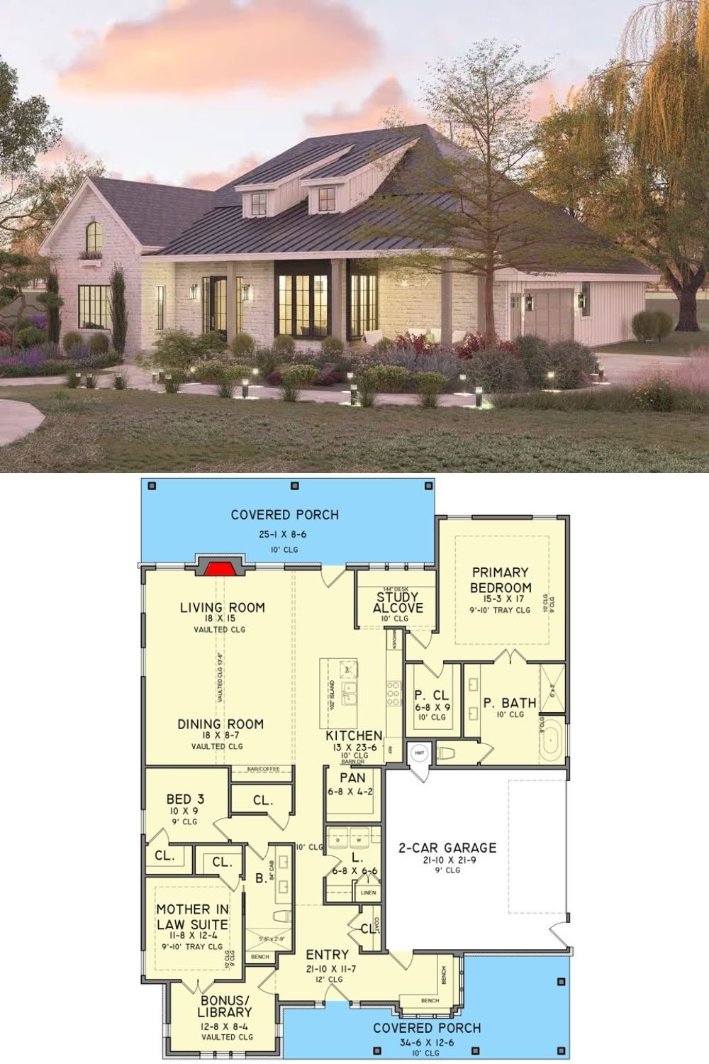 3-Bedroom French Country-Style Home with Grand Porches and In-Law Suite (Floor Plan)