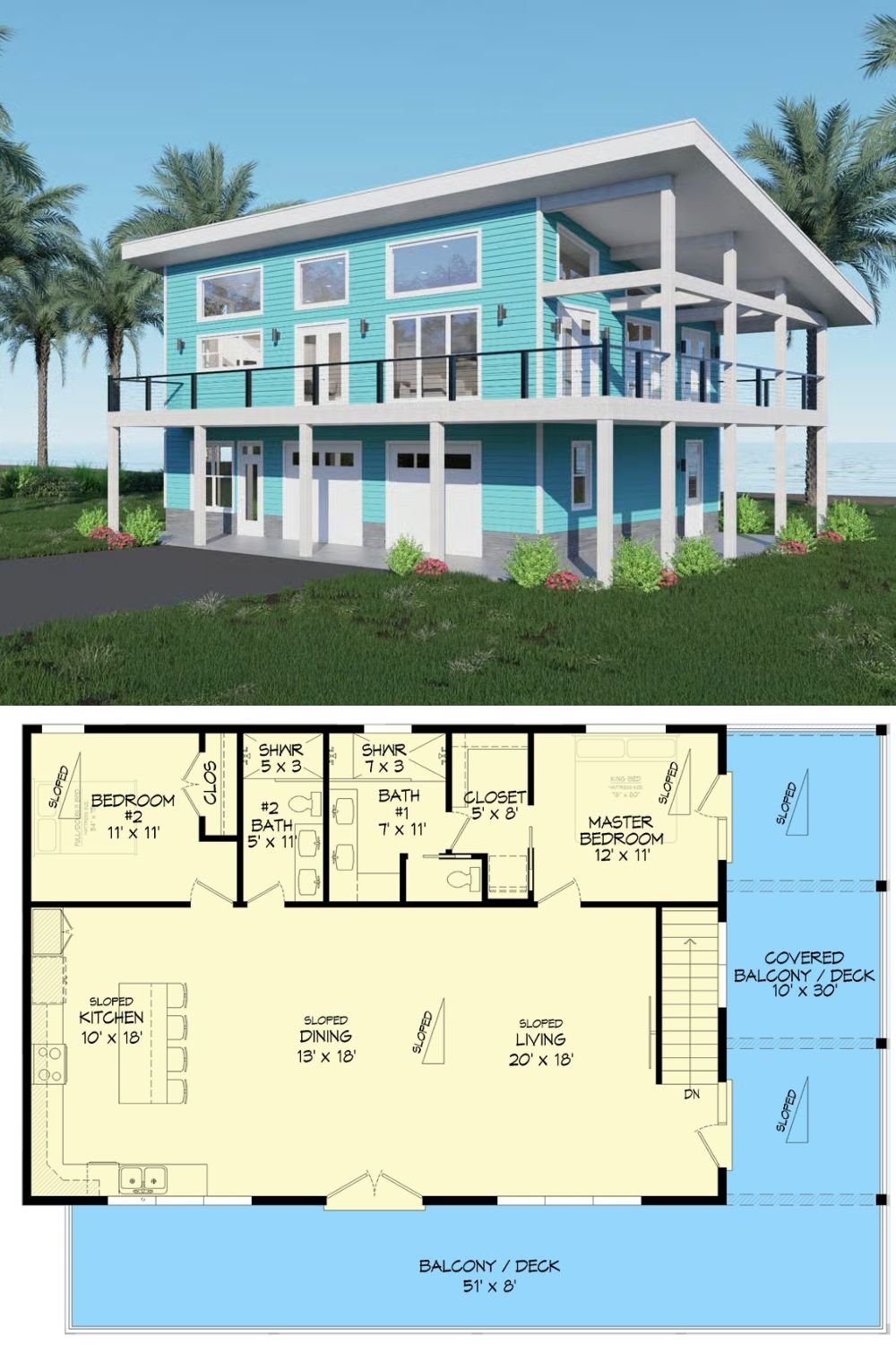 Modern 3-Bedroom Coastal Home with Wraparound Porch and Double Garage (Floor Plan)
