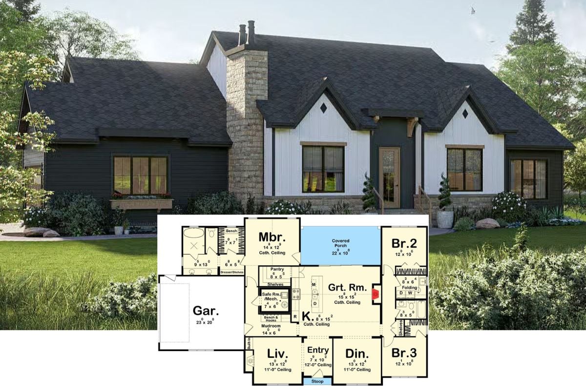 Modern 3-Bedroom English Cottage with 2-Car Side-Entry Garage and Covered Patio (Floor Plan)
