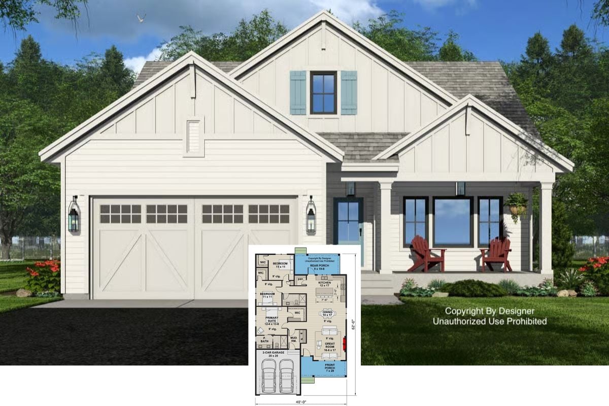 3-Bedroom Modern Farmhouse with Front Porch and Covered Patio (Floor Plan)