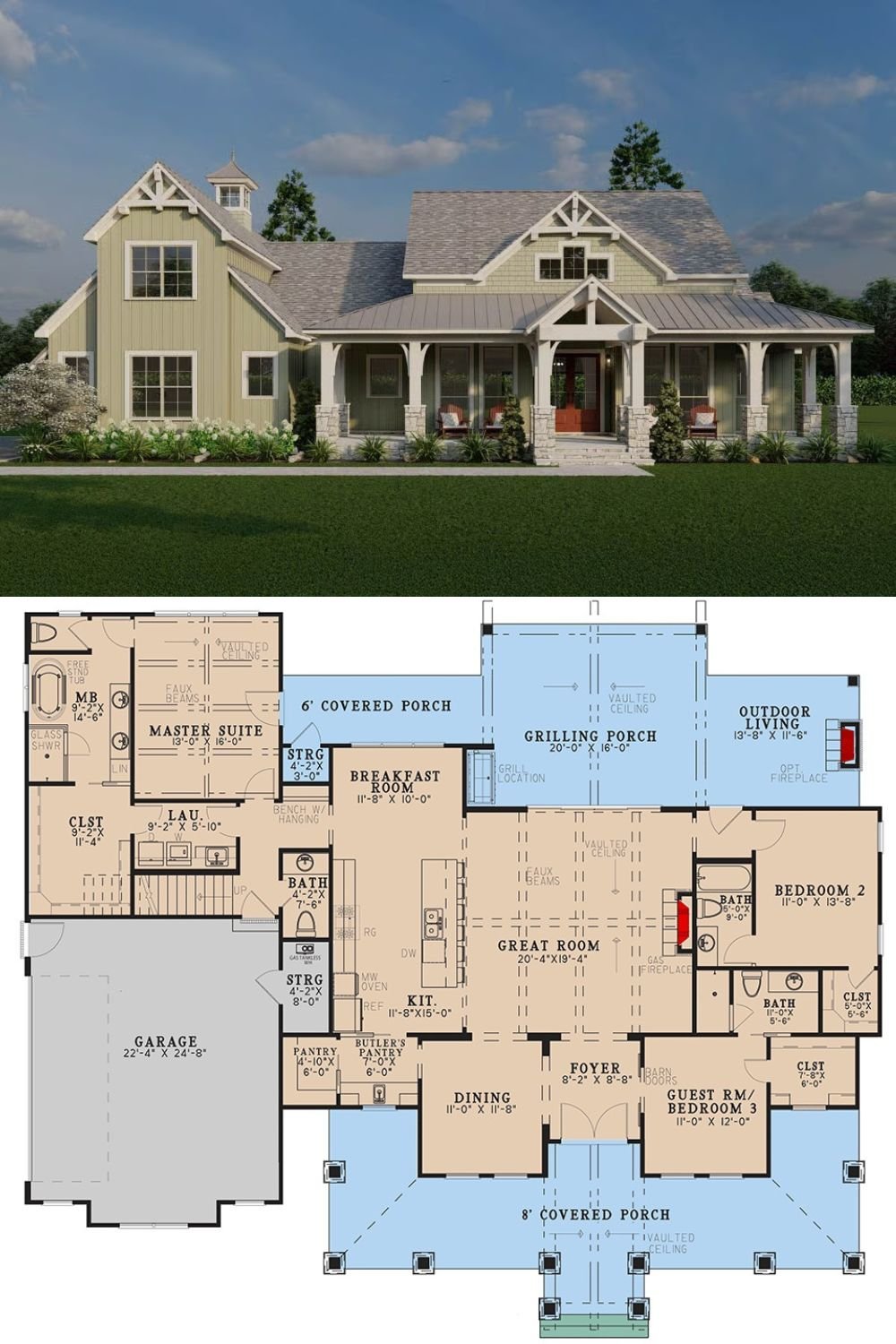 Modern Farmhouse-Style Home with Double Garage and 3 Bedrooms (Floor Plan)