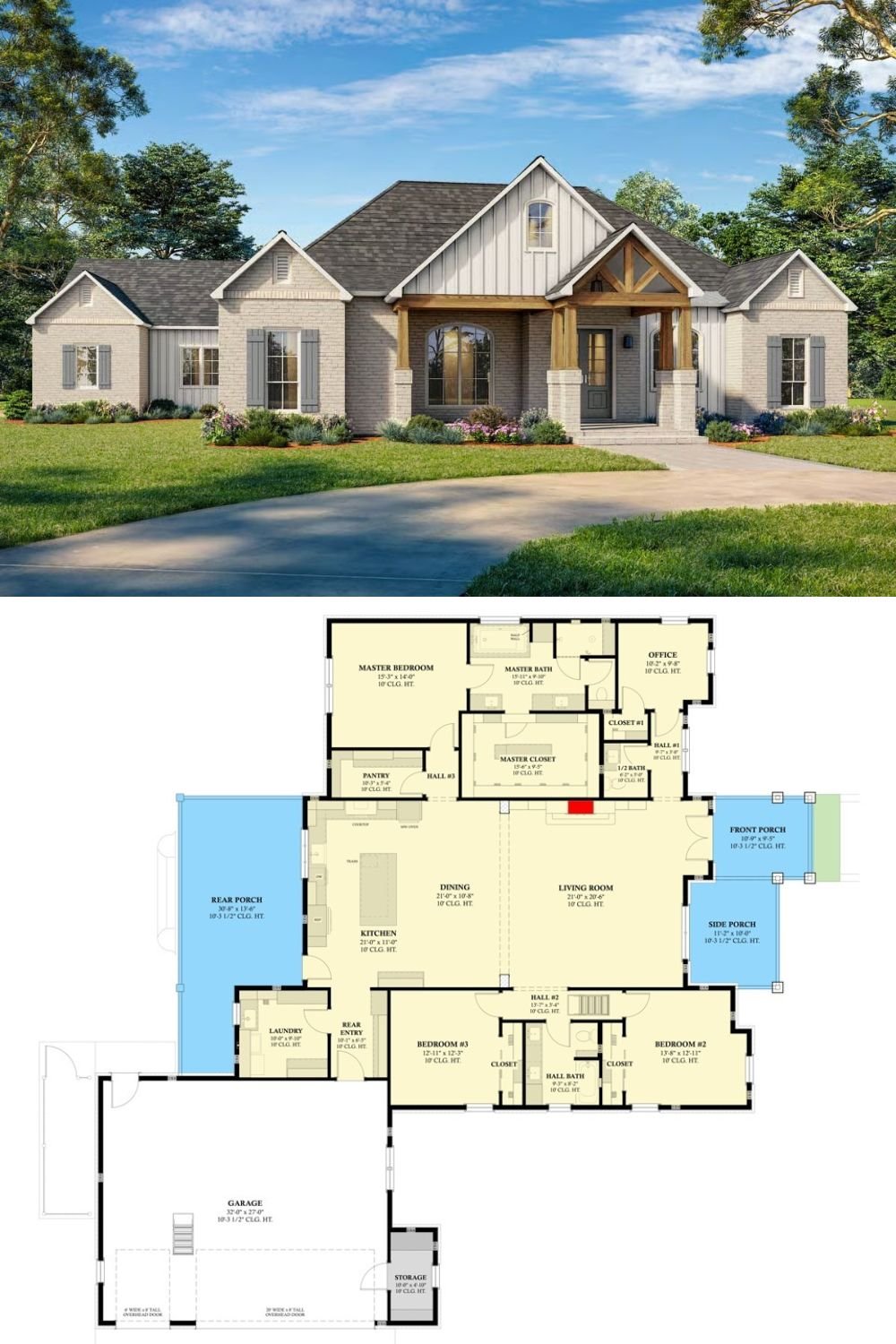 3-Bedroom Modern Farmhouse for a Corner Lot with 3-Car Garage (Floor Plan)