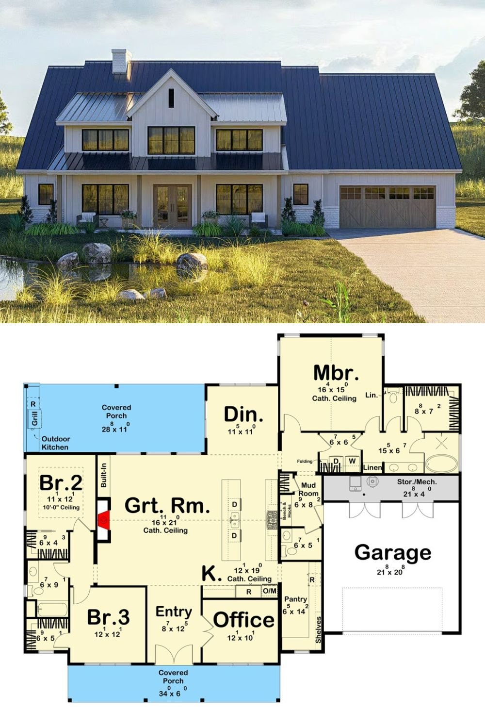 3-Bedroom Modern Farmhouse with Dual Porches and Open-Concept Living (Floor Plan)