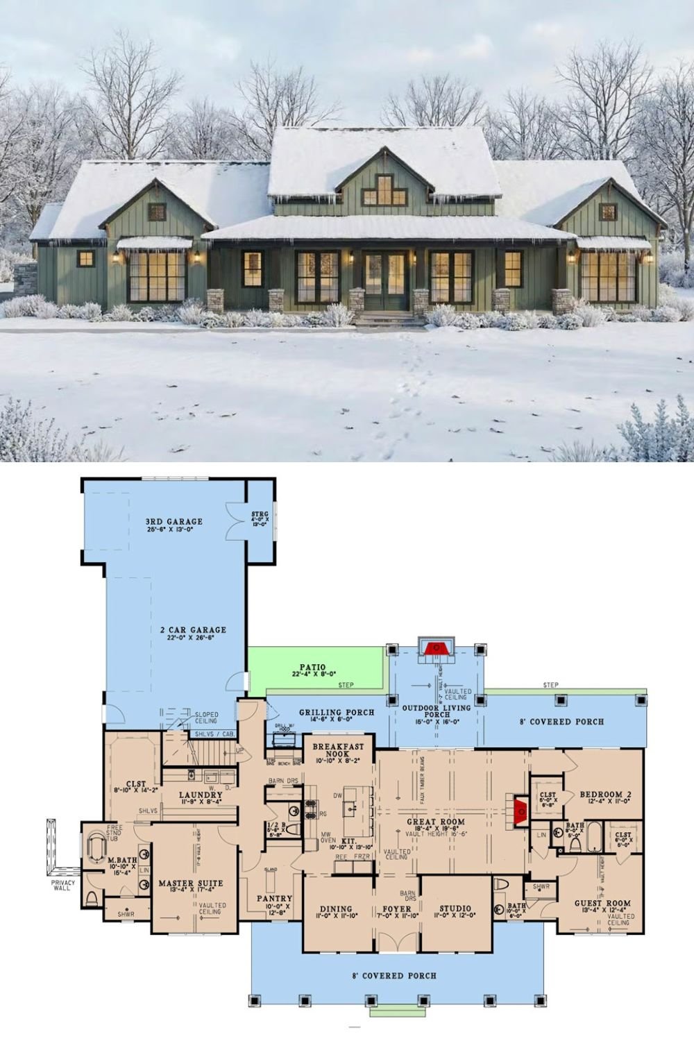 Modern Farmhouse-Style 3-Bedroom Home with Bonus Room and 3-Car Garage (Floor Plan)