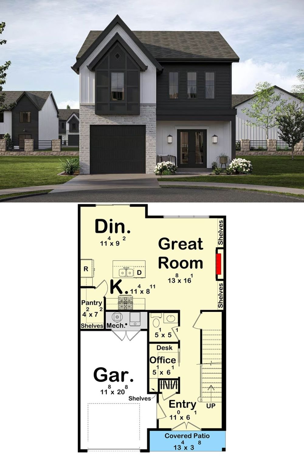 Modern Farmhouse-Style Tudor Home with Open Living Space and 3 Bedrooms (Floor Plan)