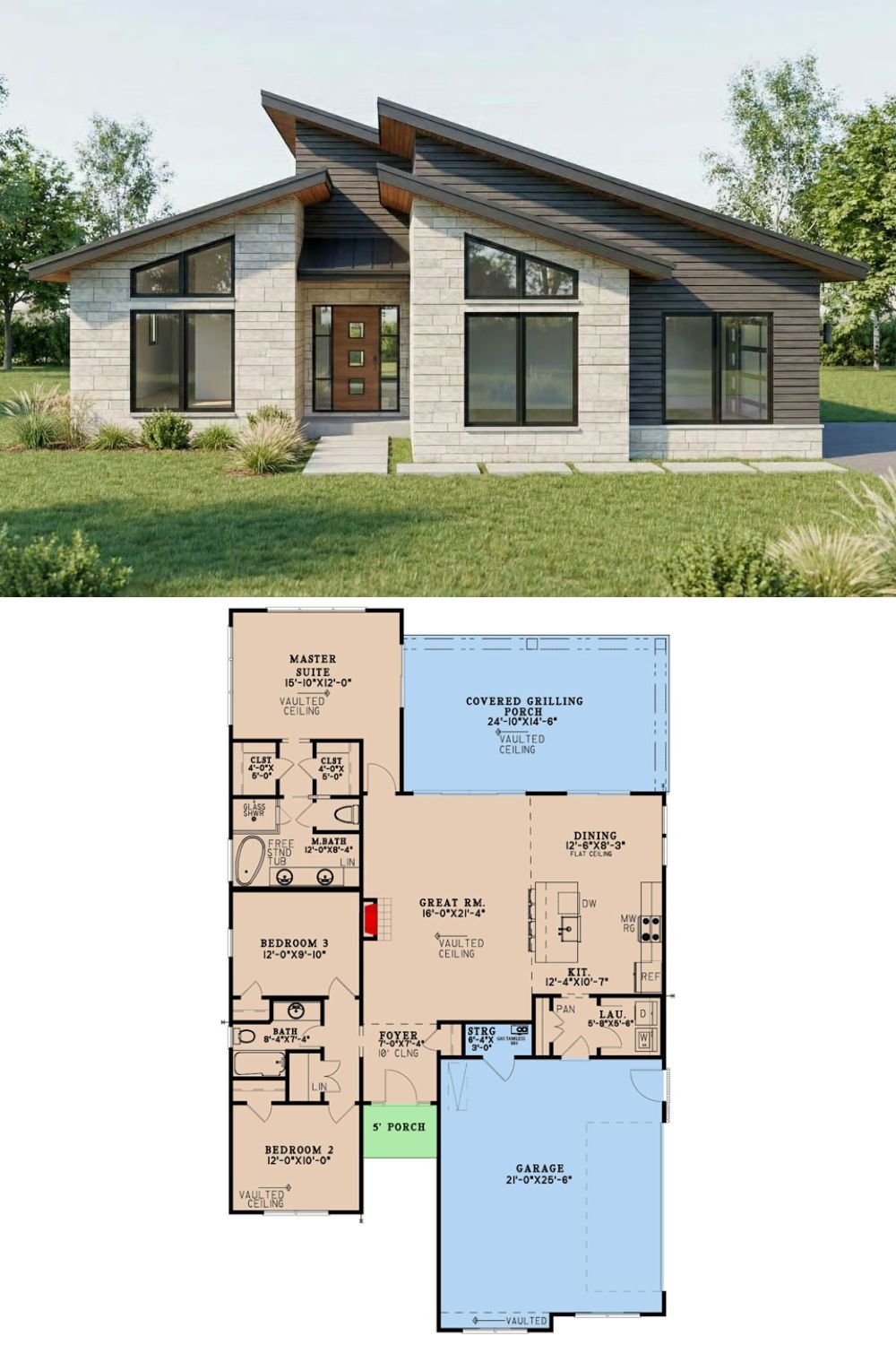 Modern-Style 3-Bedroom Home with Double Garage and Covered Grilling Porch (Floor Plan)