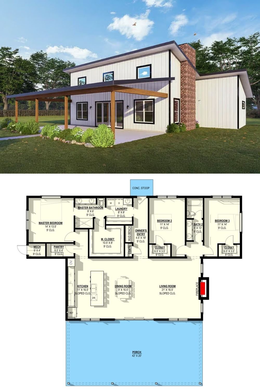 3-Bedroom Modern Home with Open Living Space and a Large Front Porch (Floor Plan)