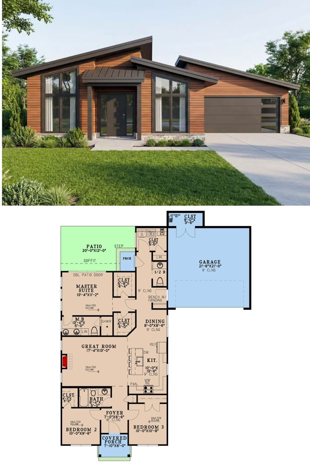 Modern 3-Bedroom Ranch with Open Living Space and 2-Car Garage (Floor Plan)