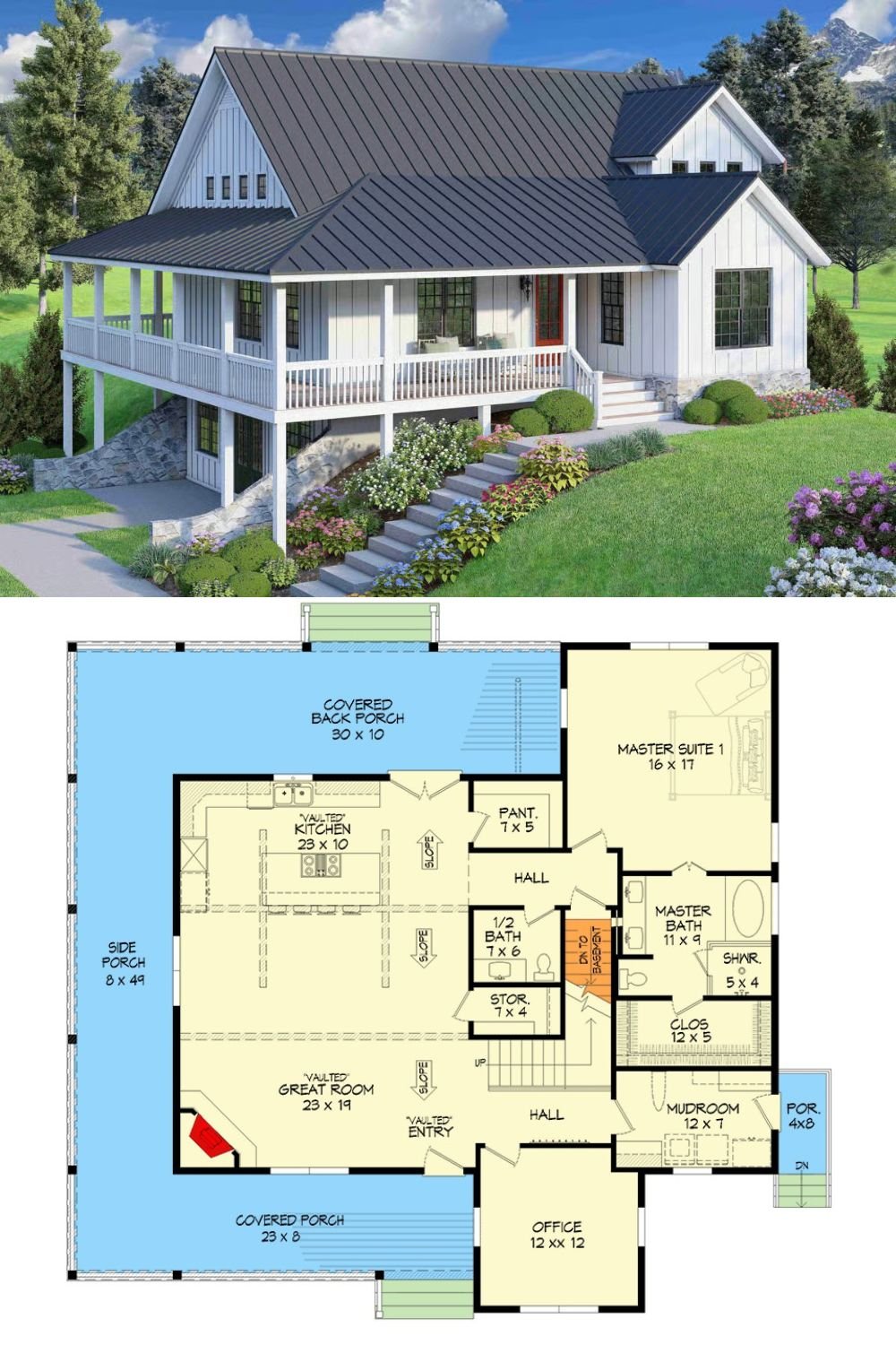 Mountain-Style 3-Bedroom Country Home with Wraparound Porch and Vaulted Loft (Floor Plan)