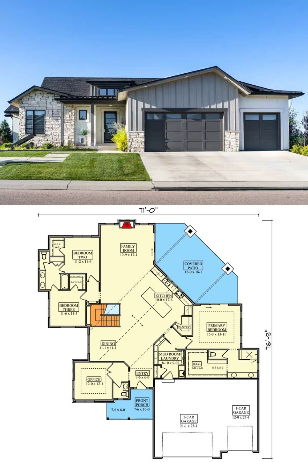 3-Bedroom New American Ranch with 3-Car Garage and Basement Expansion (Floor Plan)