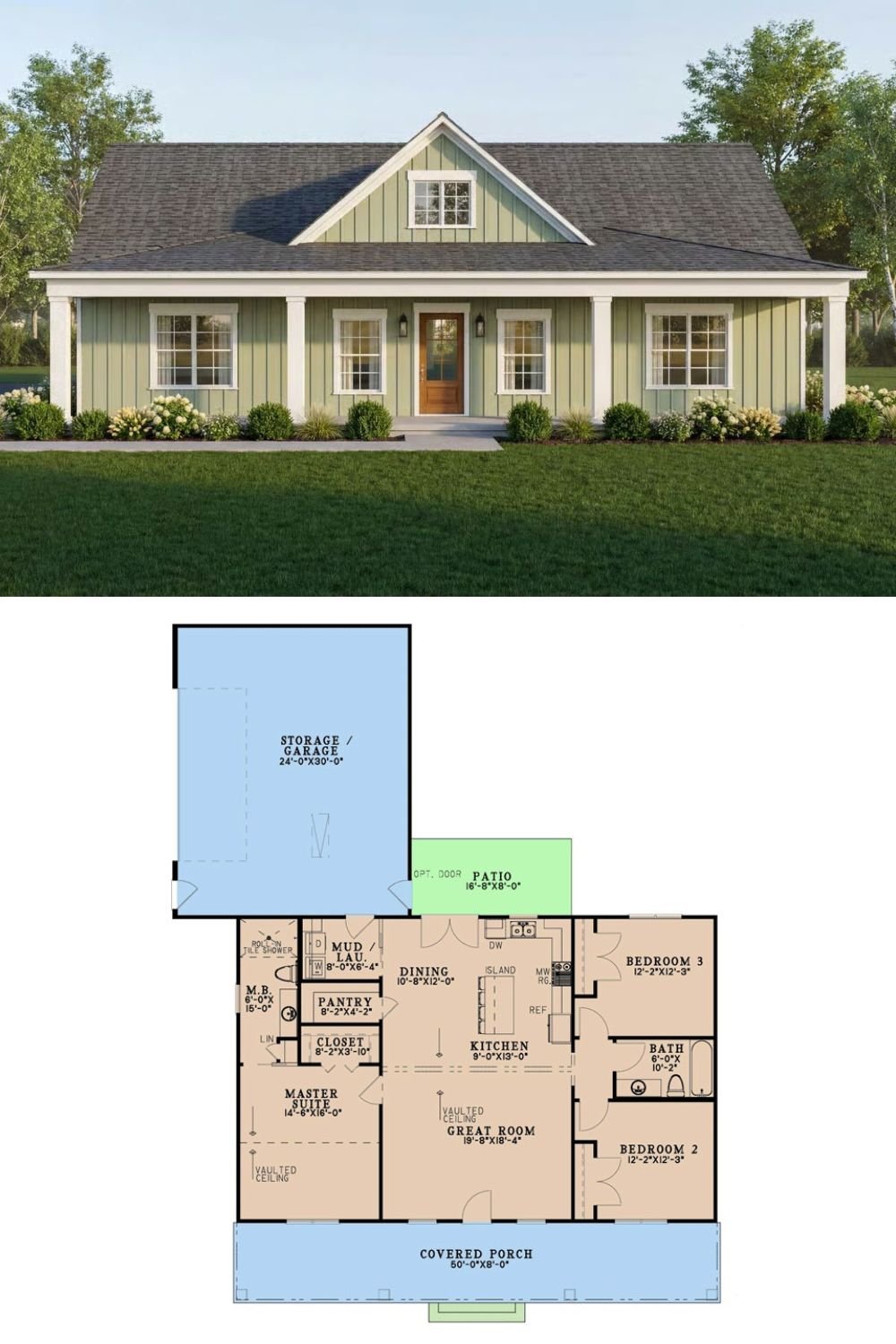 Ranch-Style 3-Bedroom Farmhouse with Covered Front Porch and Open-Concept Living (Floor Plan)