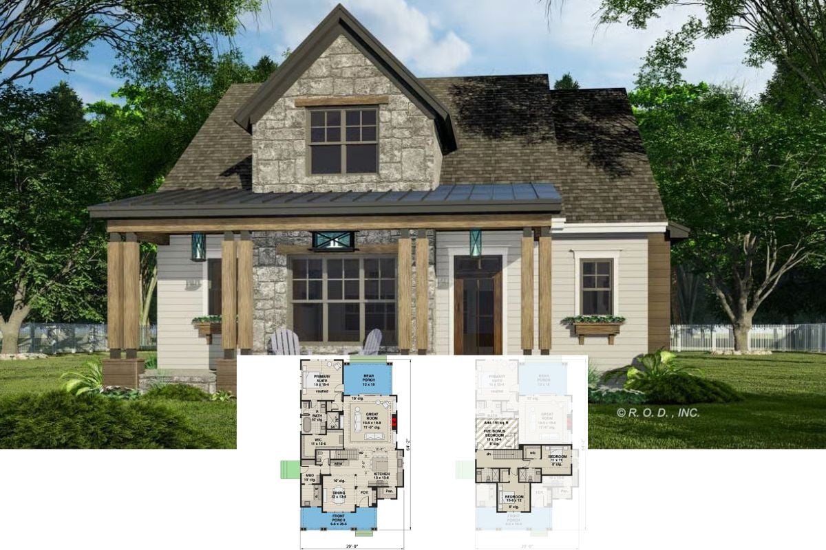 Rustic 3-Bedroom Craftsman with Bonus Expansion and Dual Porches (Floor Plan)
