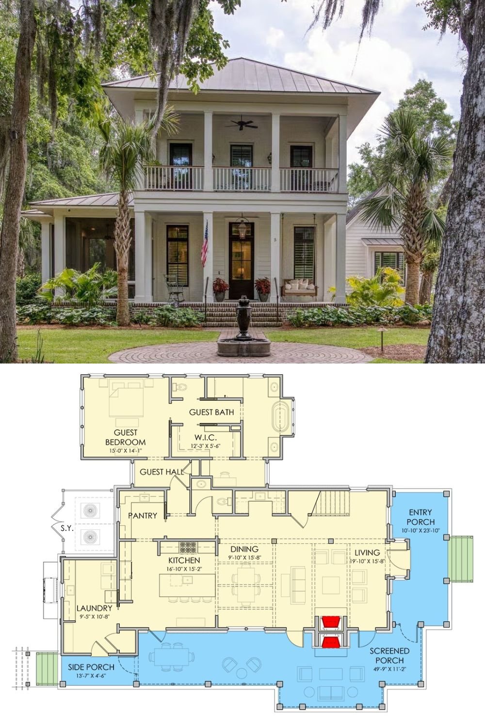 Southern 3-Bedroom Traditional Home with Guest Apartment and Wraparound Porch (Floor Plan)