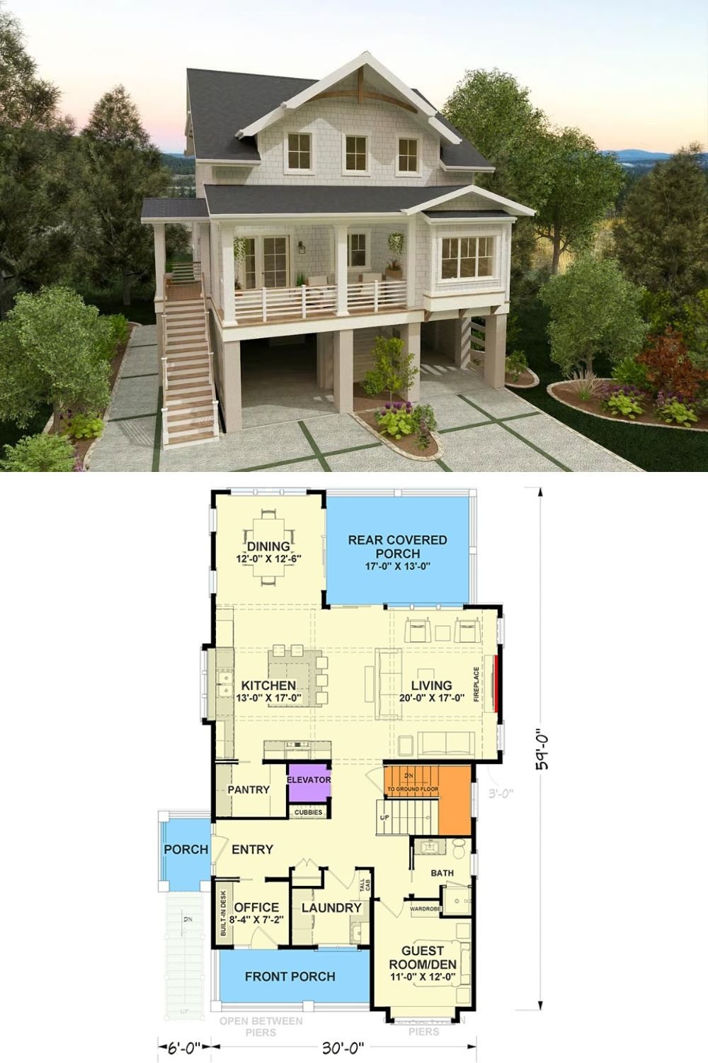 4-Bedroom Coastal Home for a Sloped Lot with Elevator and Drive-Under Garage (Floor Plan)