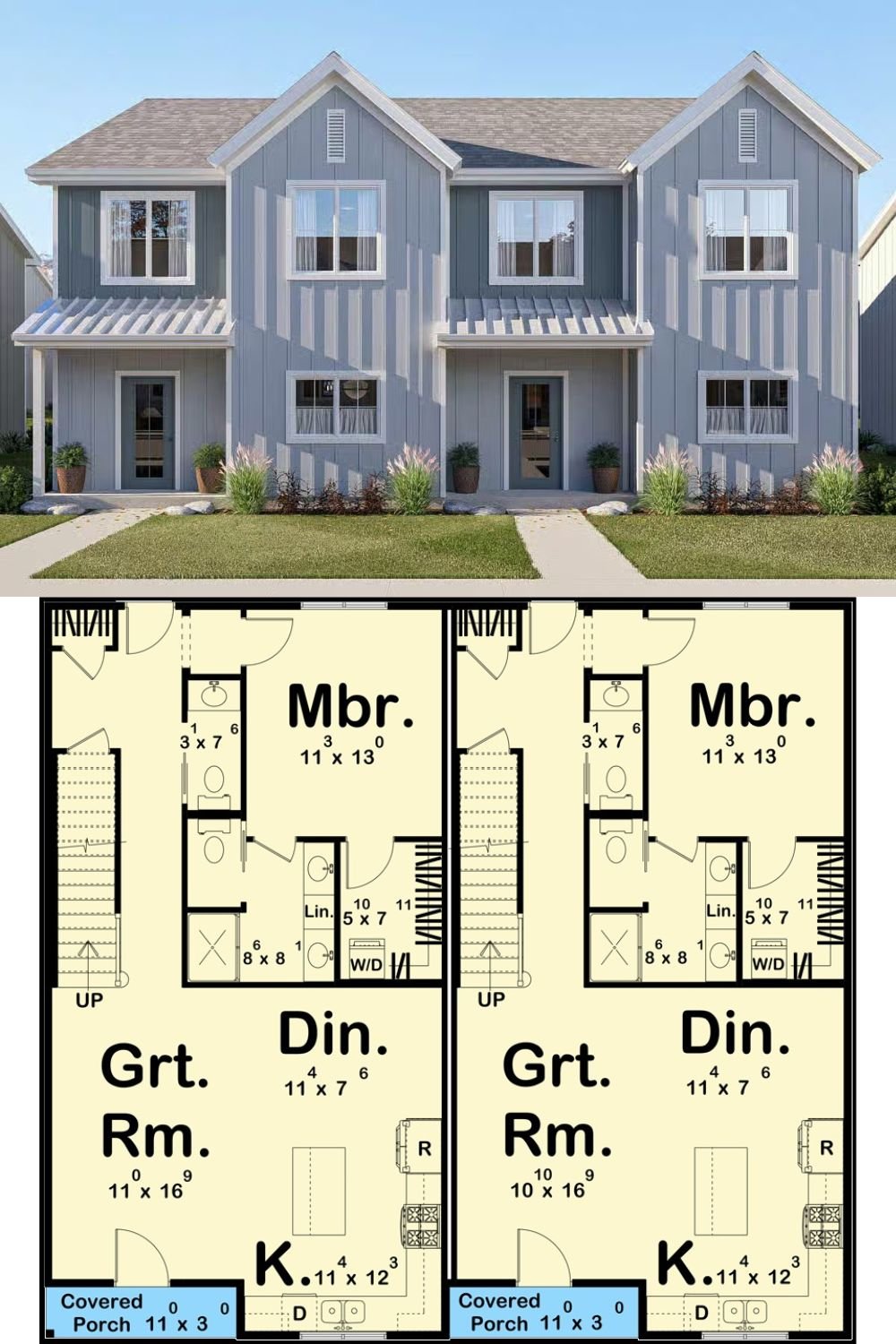 Modern Farmhouse Duplex with 4-Bed Units and a Front Porch (Floor Plan)