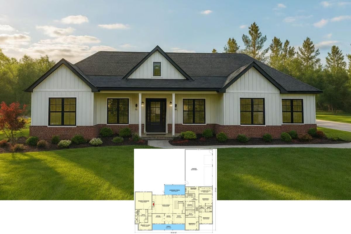 4-Bedroom Modern Farmhouse for a Corner Lot with Dual Porches (Floor Plan)