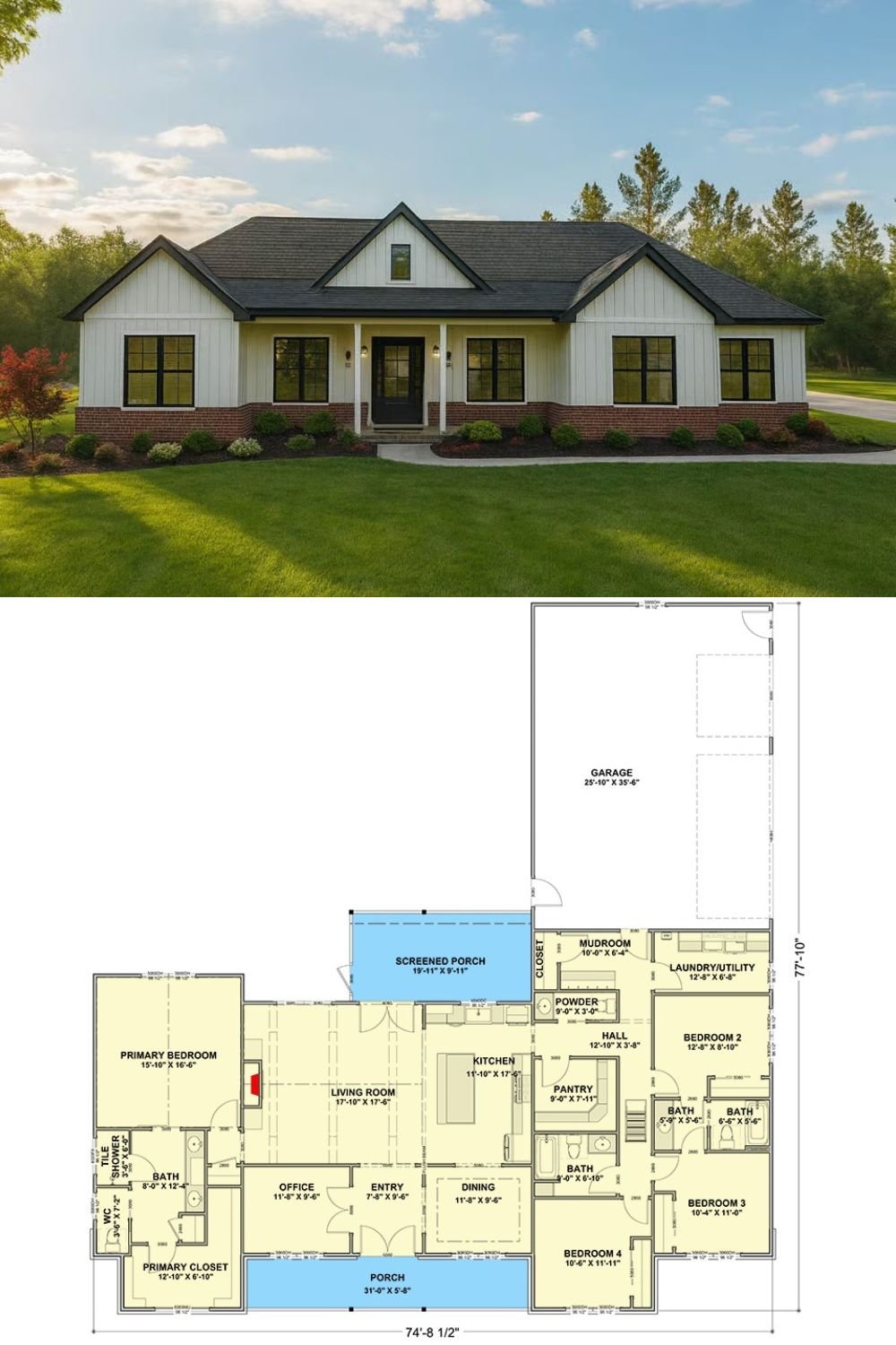 4-Bedroom Modern Farmhouse for a Corner Lot with Dual Porches (Floor Plan)