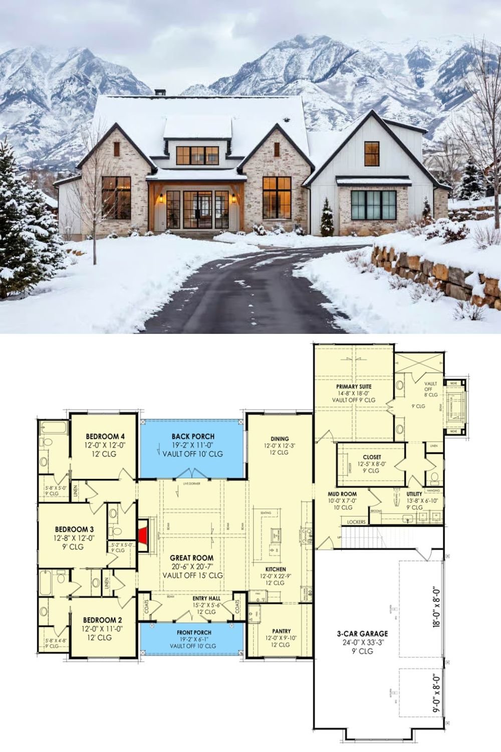 4-Bedroom Modern Farmhouse with Bonus Room Above the 3-Car Garage (Floor Plan)