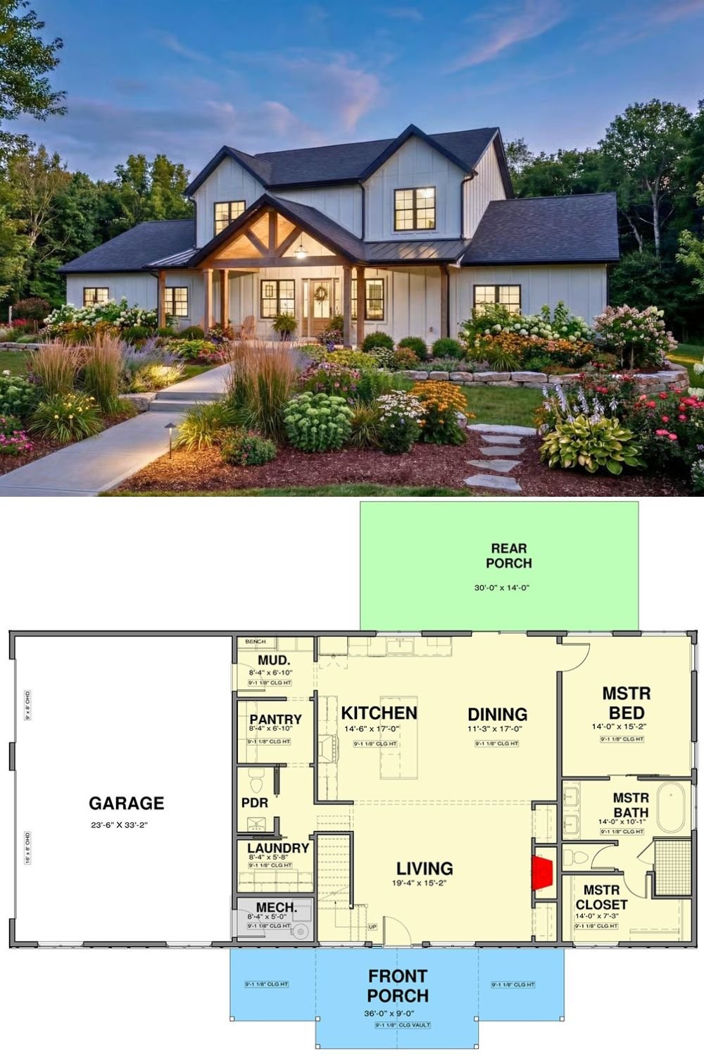 4-Bedroom Modern Farmhouse with Loft and Front Porch (Floor Plan)