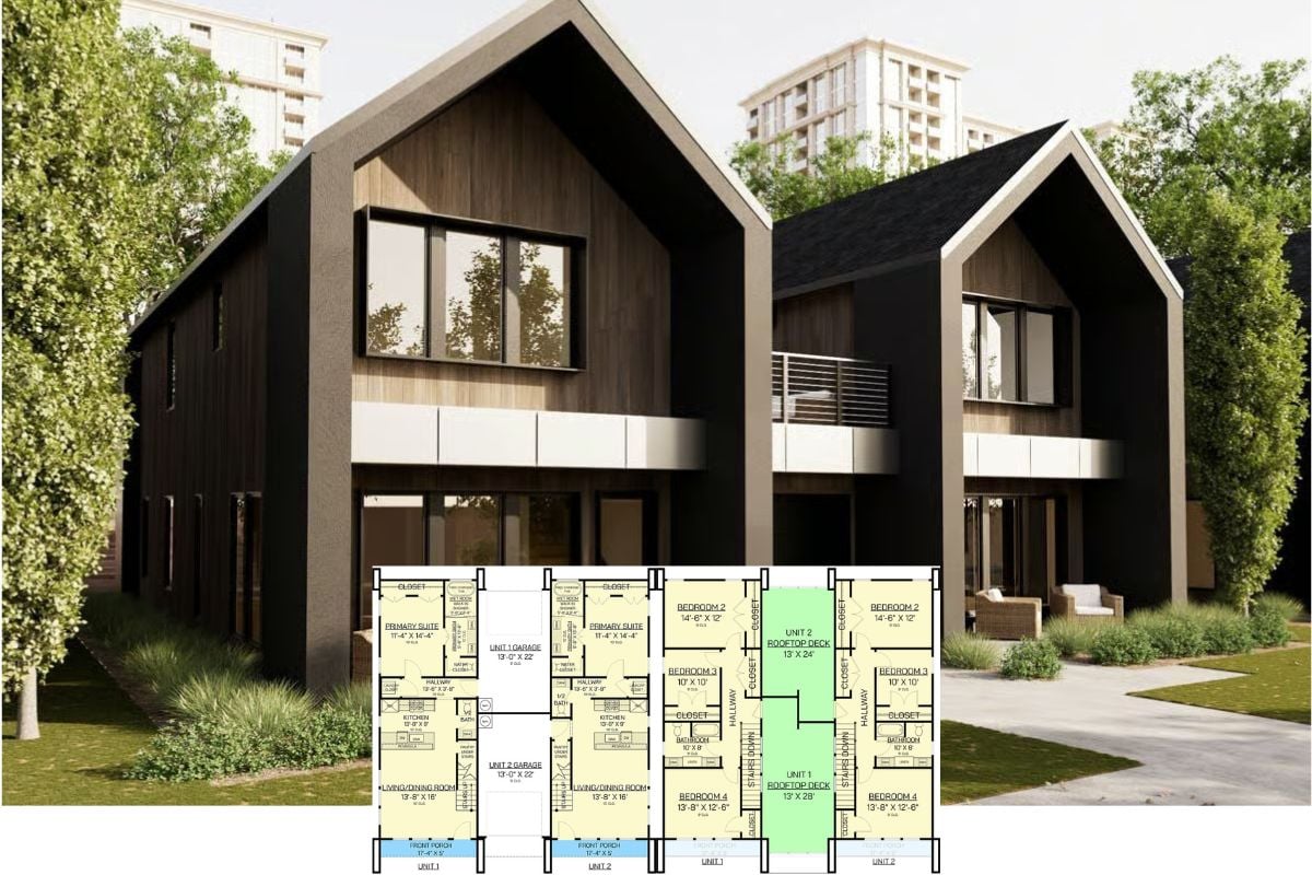 Modern 4-Bed Scandinavian Duplex with Front Porch and Private Rooftop Decks (Floor Plan)