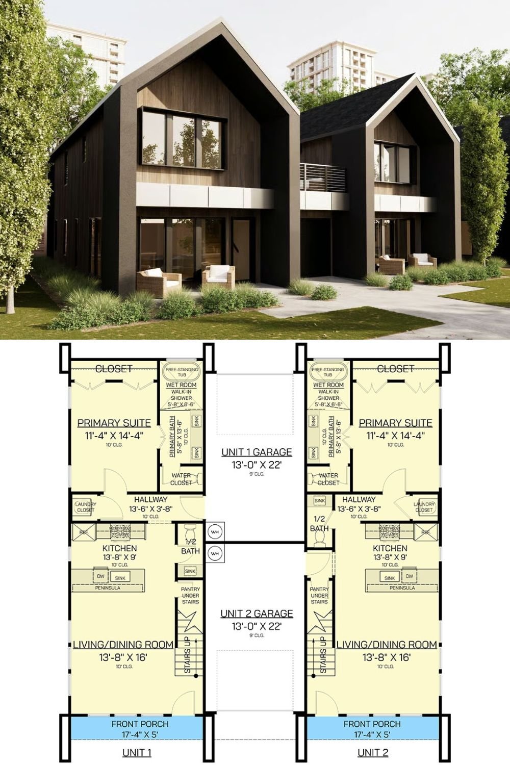 Modern 4-Bed Scandinavian Duplex with Front Porch and Private Rooftop Decks (Floor Plan)