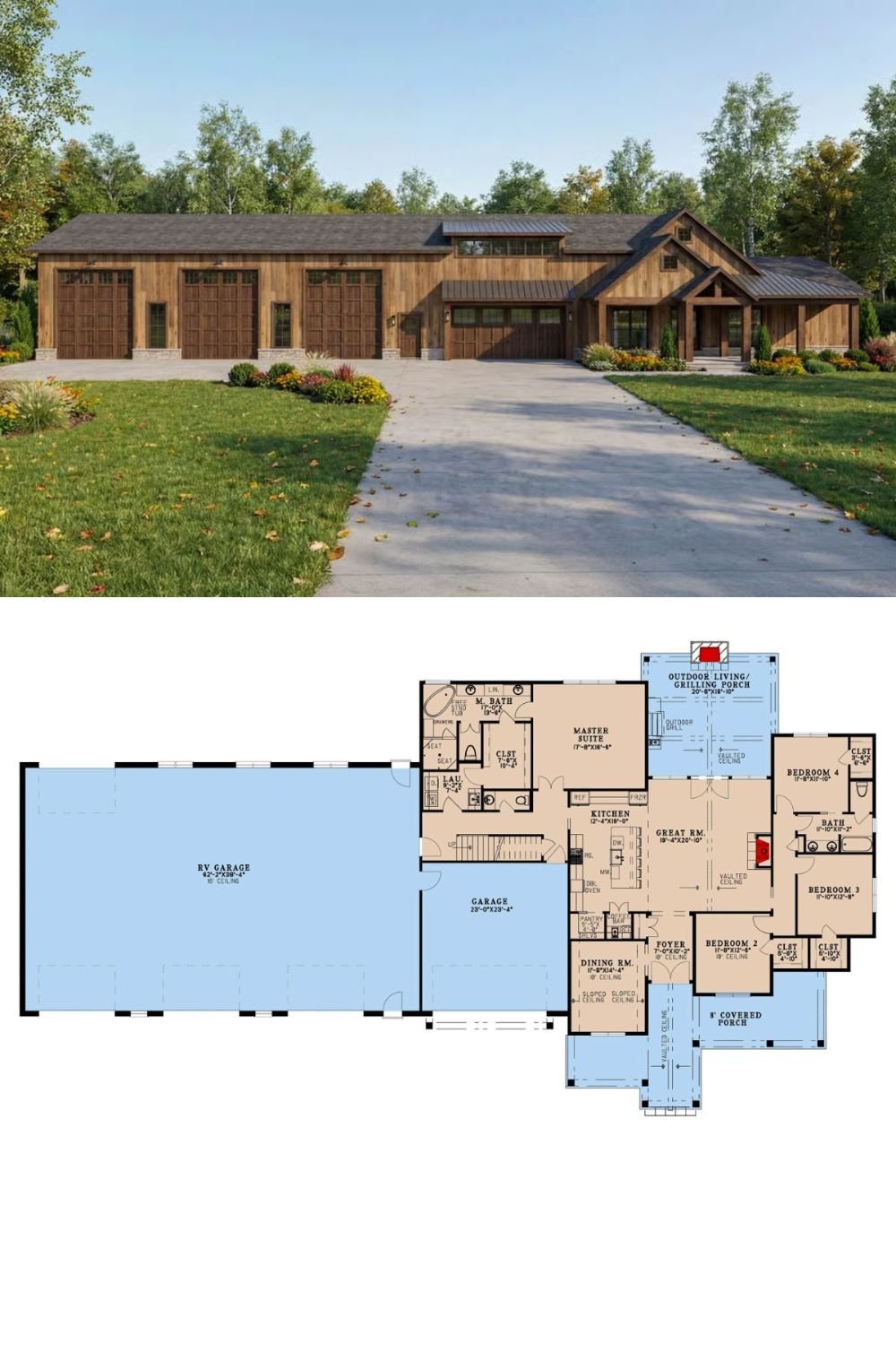 Barndominium-Style 5-Bedroom Home for a Wide Lot with Bonus Room and RV Garage (Floor Plan)