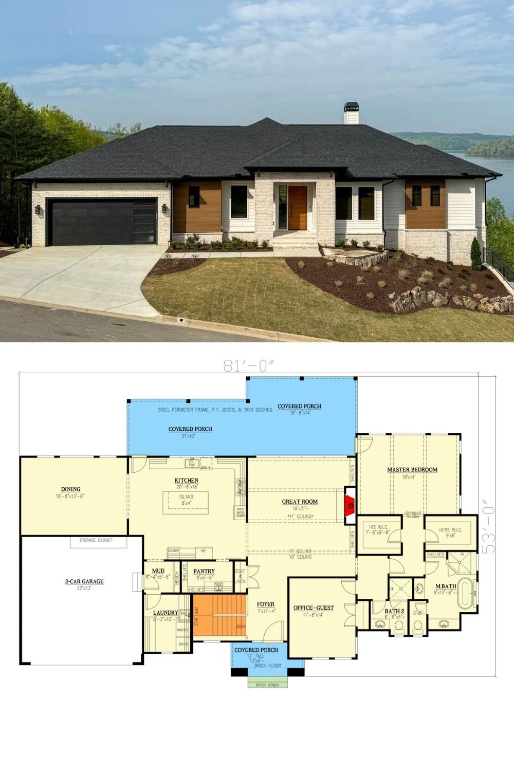 Contemporary 5-Bedroom Ranch for a Sloped Lot with Wet Bar (Floor Plan)