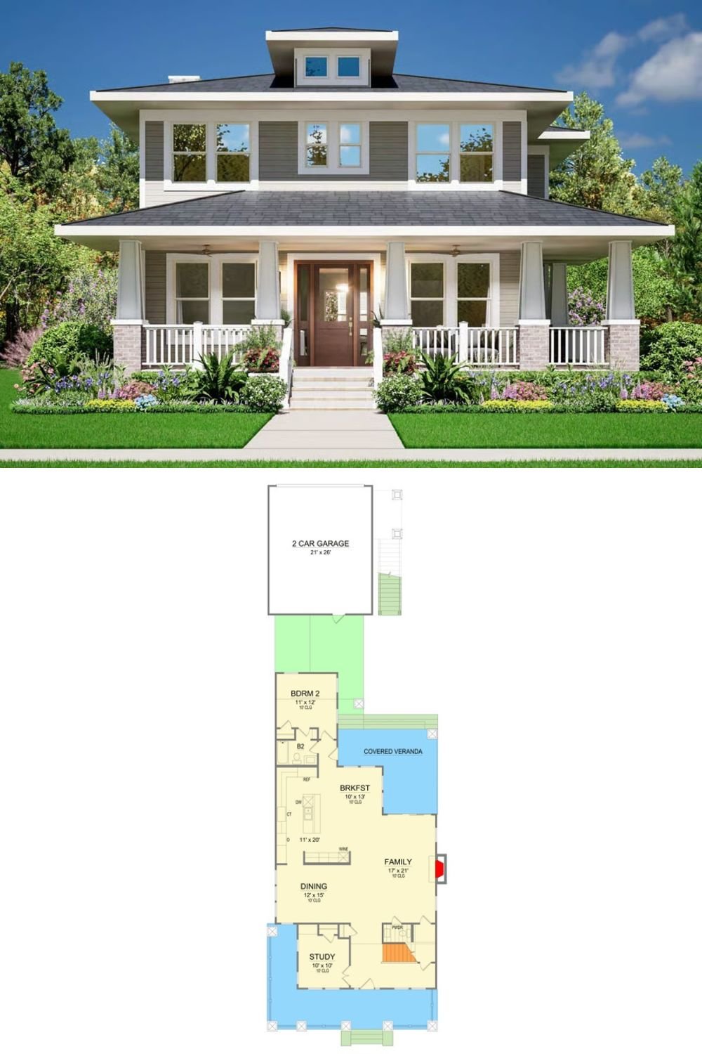 5-Bedroom Craftsman Home with Covered Veranda and Optional Bonus Room (Floor Plan)