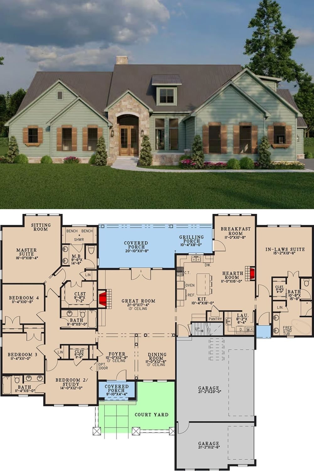 Craftsman 5-Bedroom Modern Farmhouse with Bonus Room, Courtyard, and In-Law Suite (Floor Plan)
