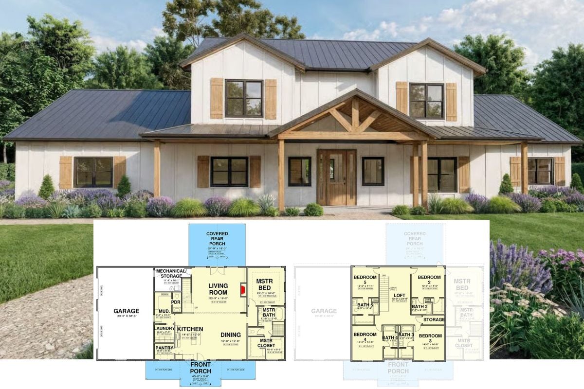 5-Bedroom Modern Farmhouse with Loft and 3-Car Garage (Floor Plan)