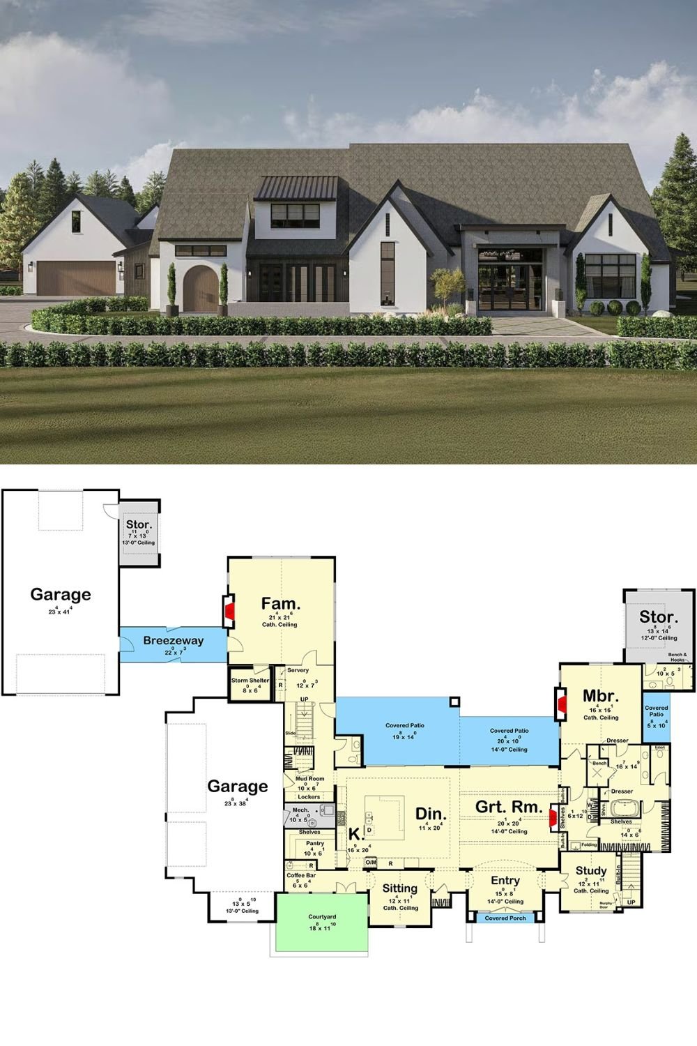 Modern Farmhouse-Style 5-Bedroom Home for a Wide Lot with Loft and 5-Car Garage (Floor Plan)