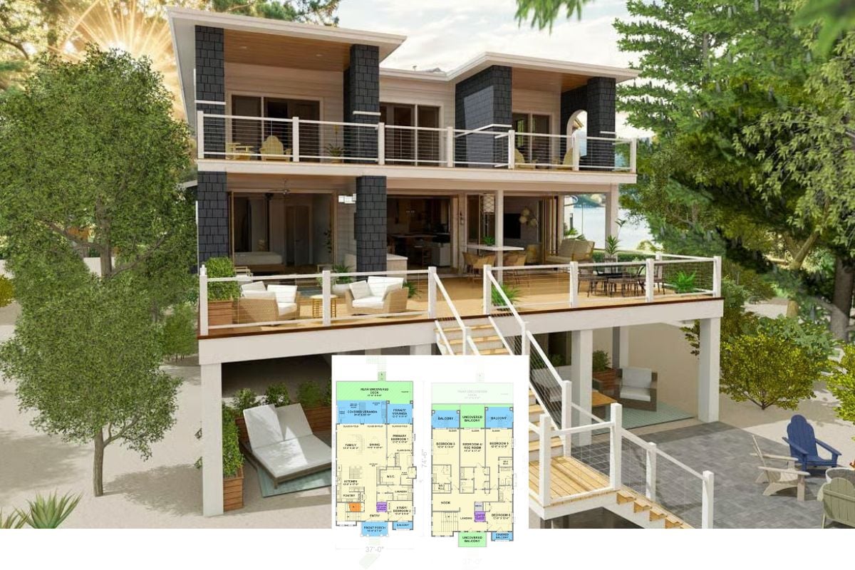 6-Bedroom Modern Coastal Home for Narrow and Sloped Lots with Elevator (Floor Plan)