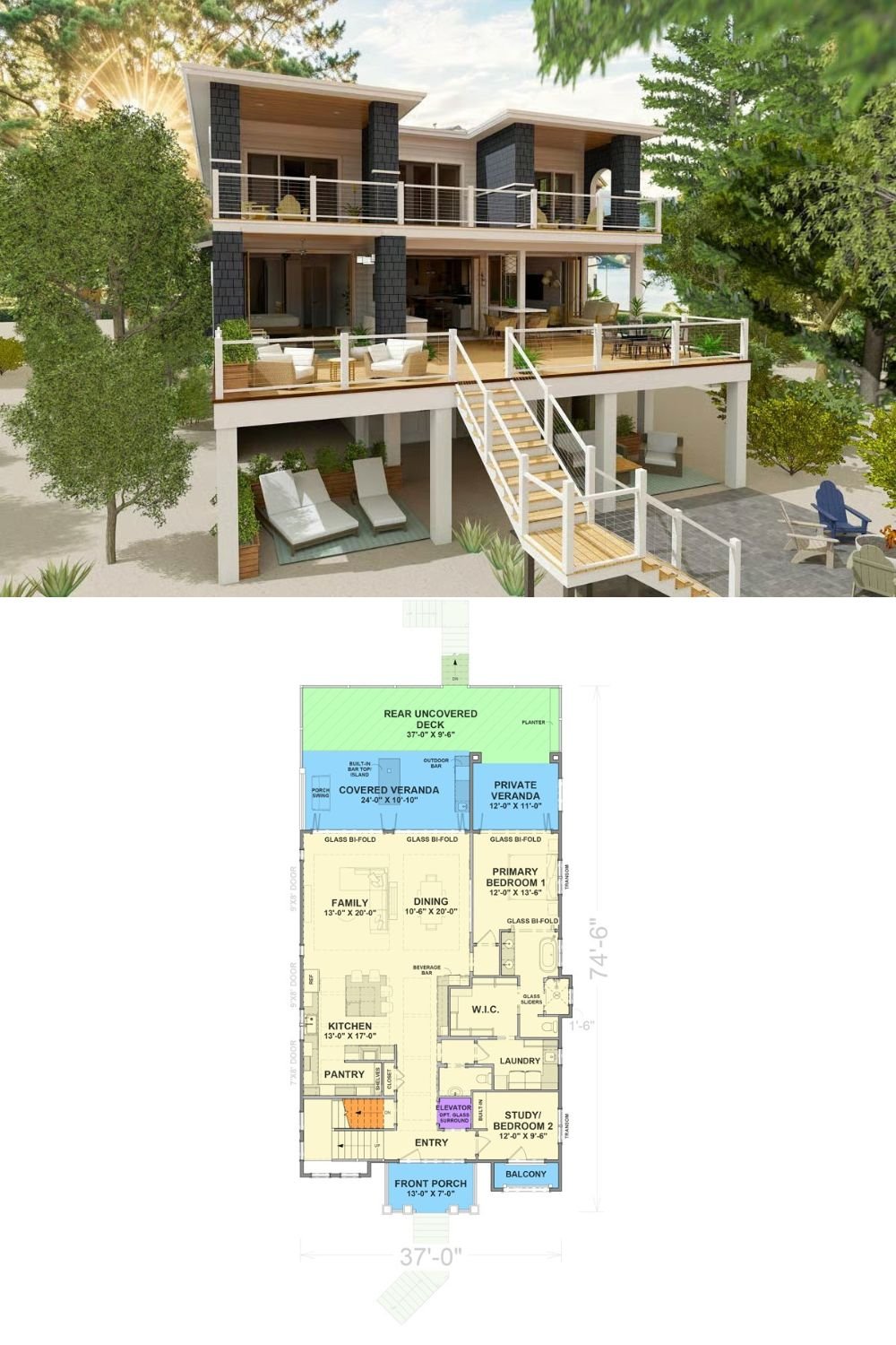 6-Bedroom Modern Coastal Home for Narrow and Sloped Lots with Elevator (Floor Plan)