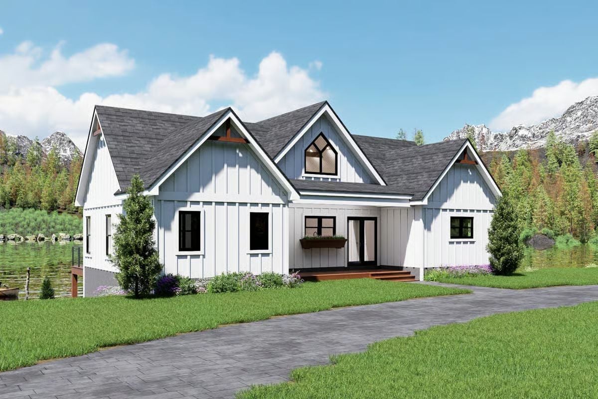 Modern Farmhouse-Style 2-Bedroom Home with Front Porch and Basement Expansion (Floor Plan)