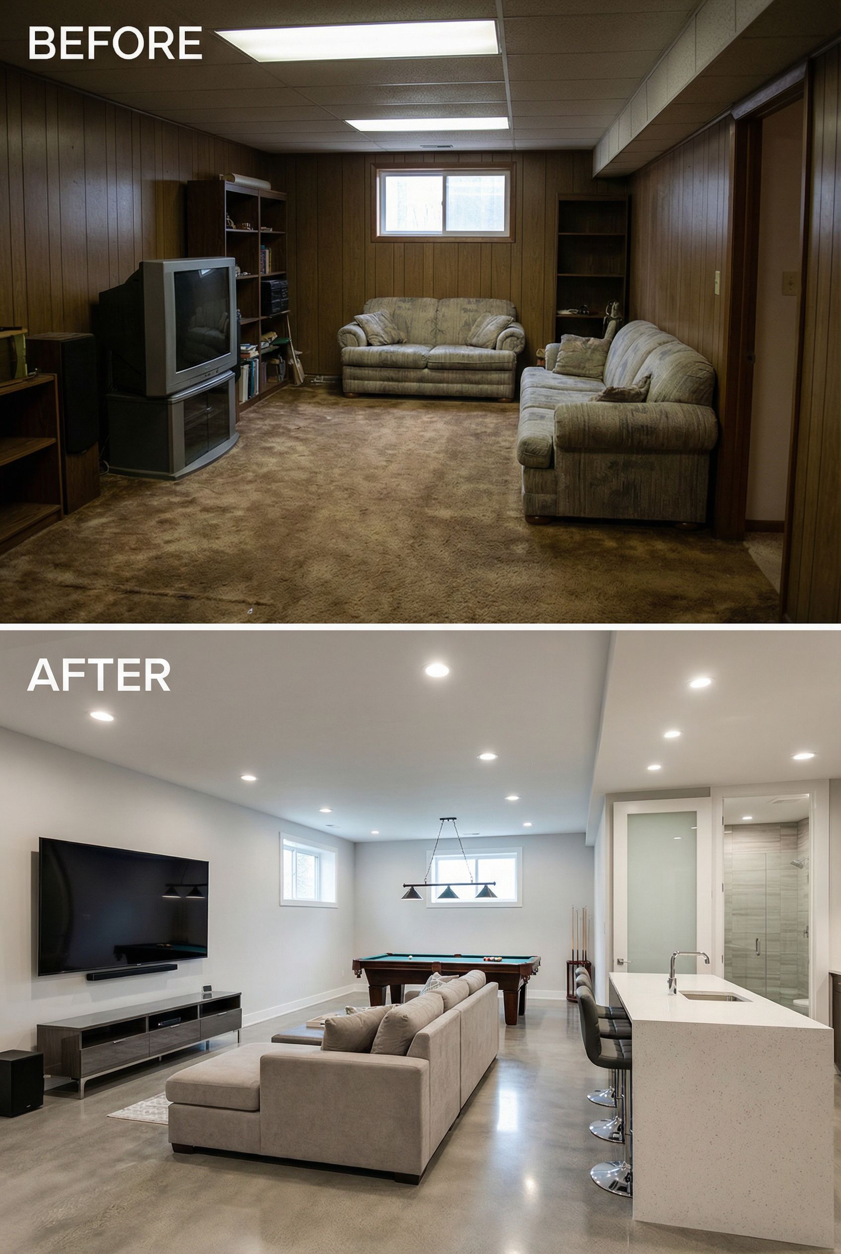 70s Paneled Basement โ Open Concept Luxury Entertainment Haven