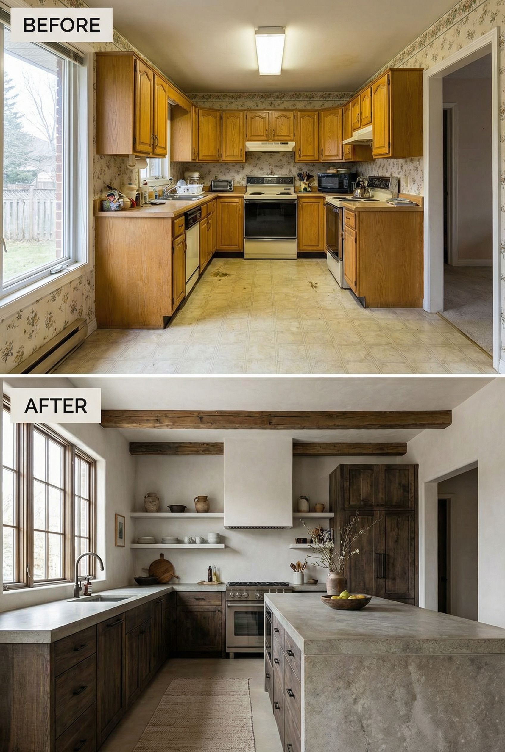 80s Almond Appliance Kitchen → Earthy Wabi Sabi Retreat