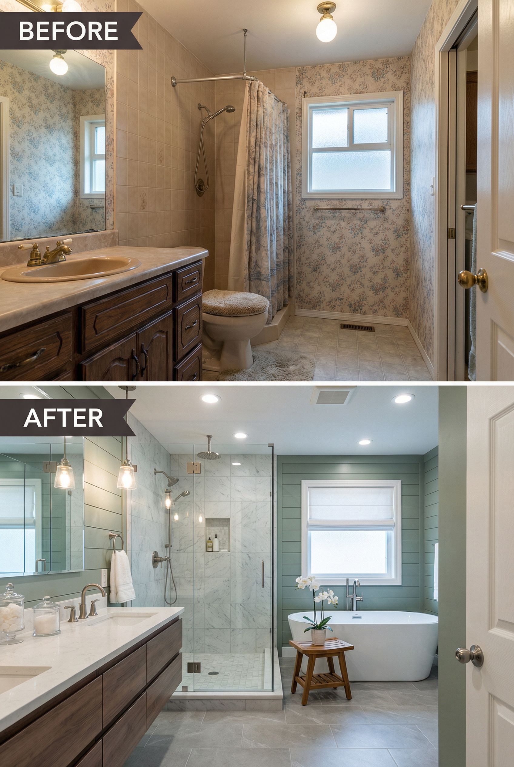 '80s Almond Fixture Bathroom → Crisp White Minimalist Haven